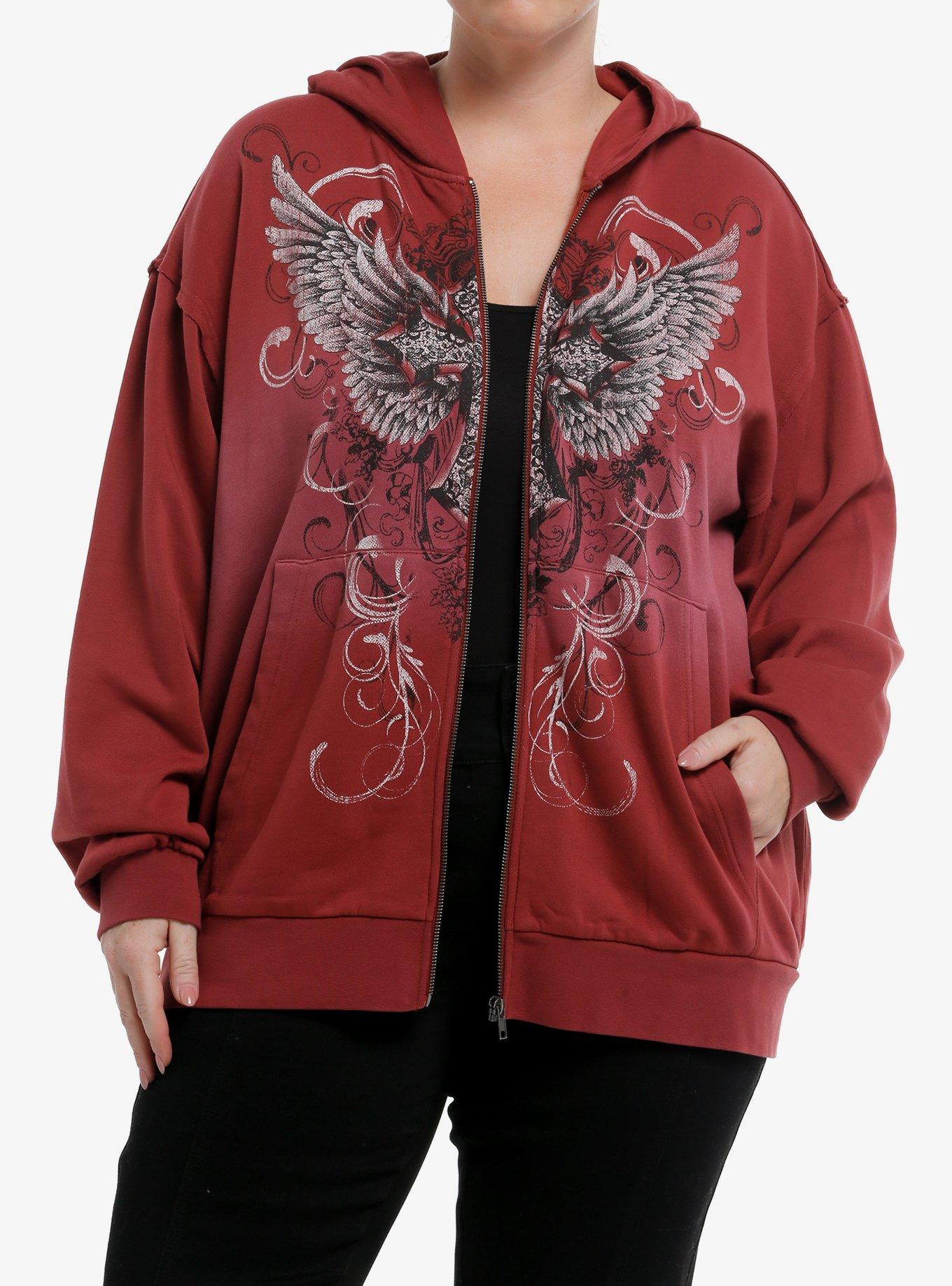 Winged Cross Washed Red Girls Hoodie Plus Size, , hi-res