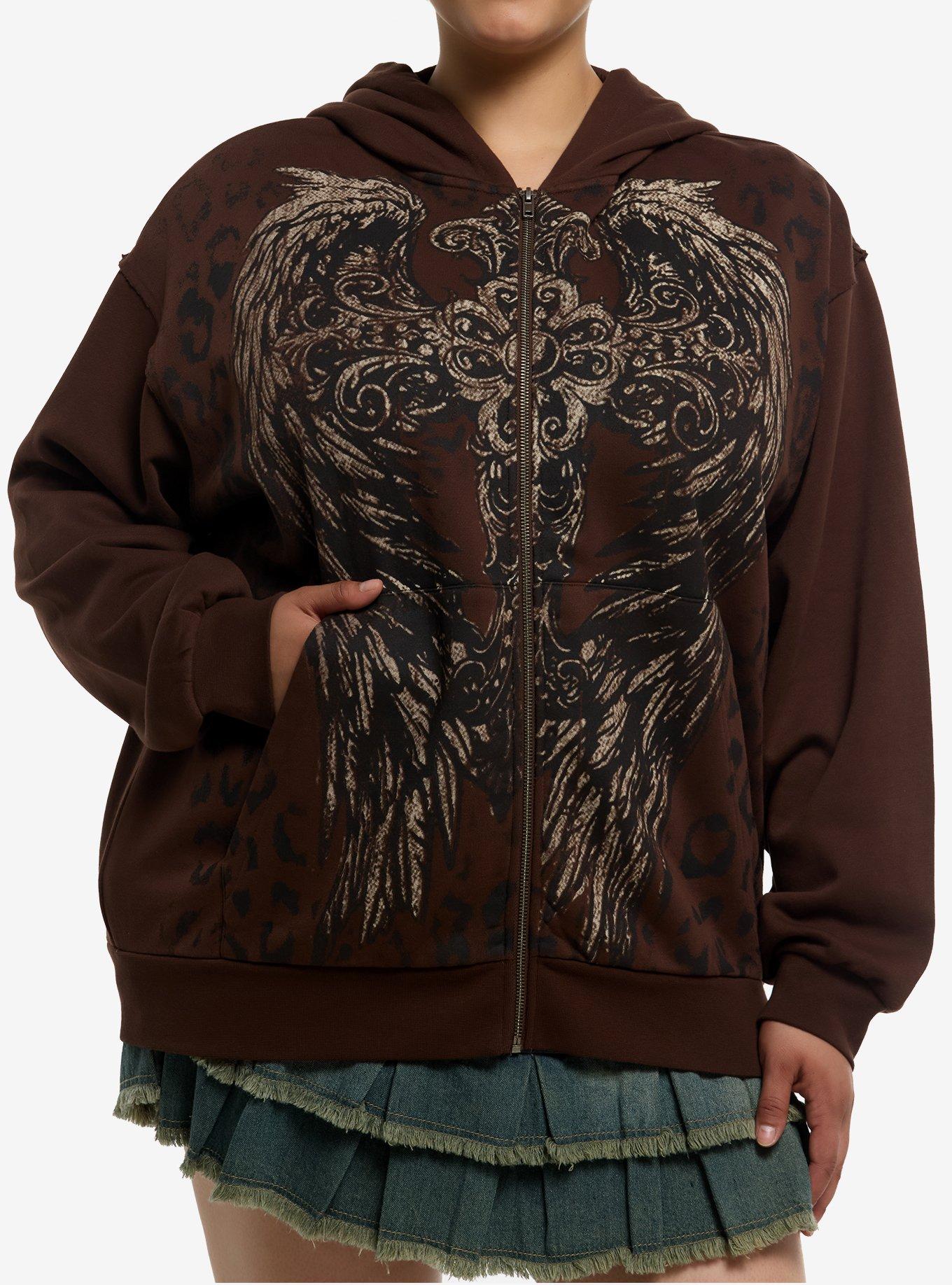 Winged Cross & Leopard Print Girls Hoodie Plus Size, , hi-res