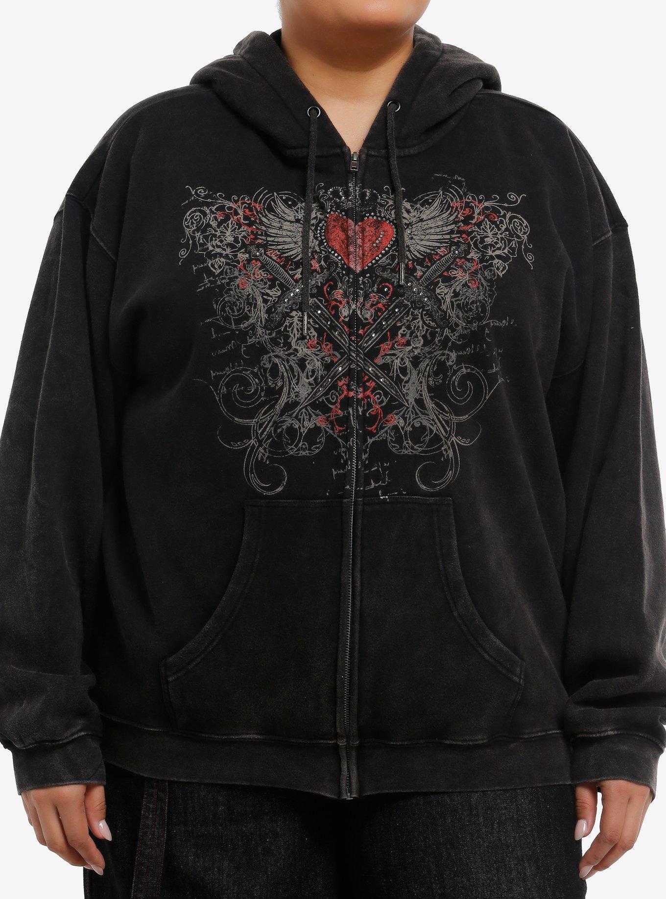 Winged Heart And Dagger Washed Girls Hoodie Plus Size, , hi-res
