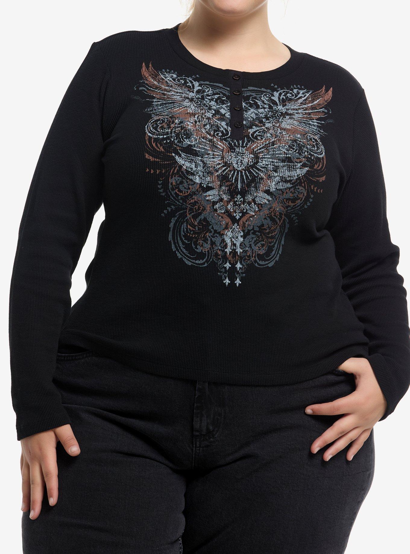 Wings & Filigree Girls Long-Sleeve Thermal Top Plus Size, BLACK, hi-res