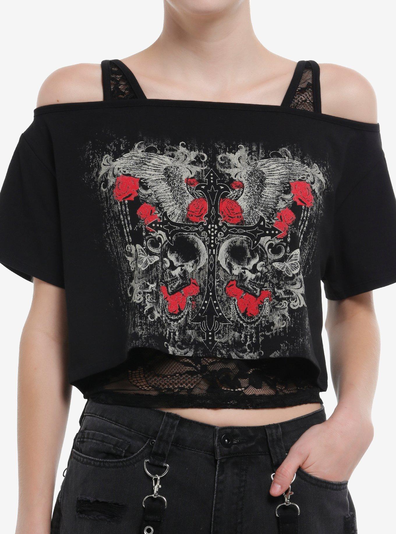Winged Cross Black Lace Tank Girls Twofer Off-Shoulder Top, , hi-res