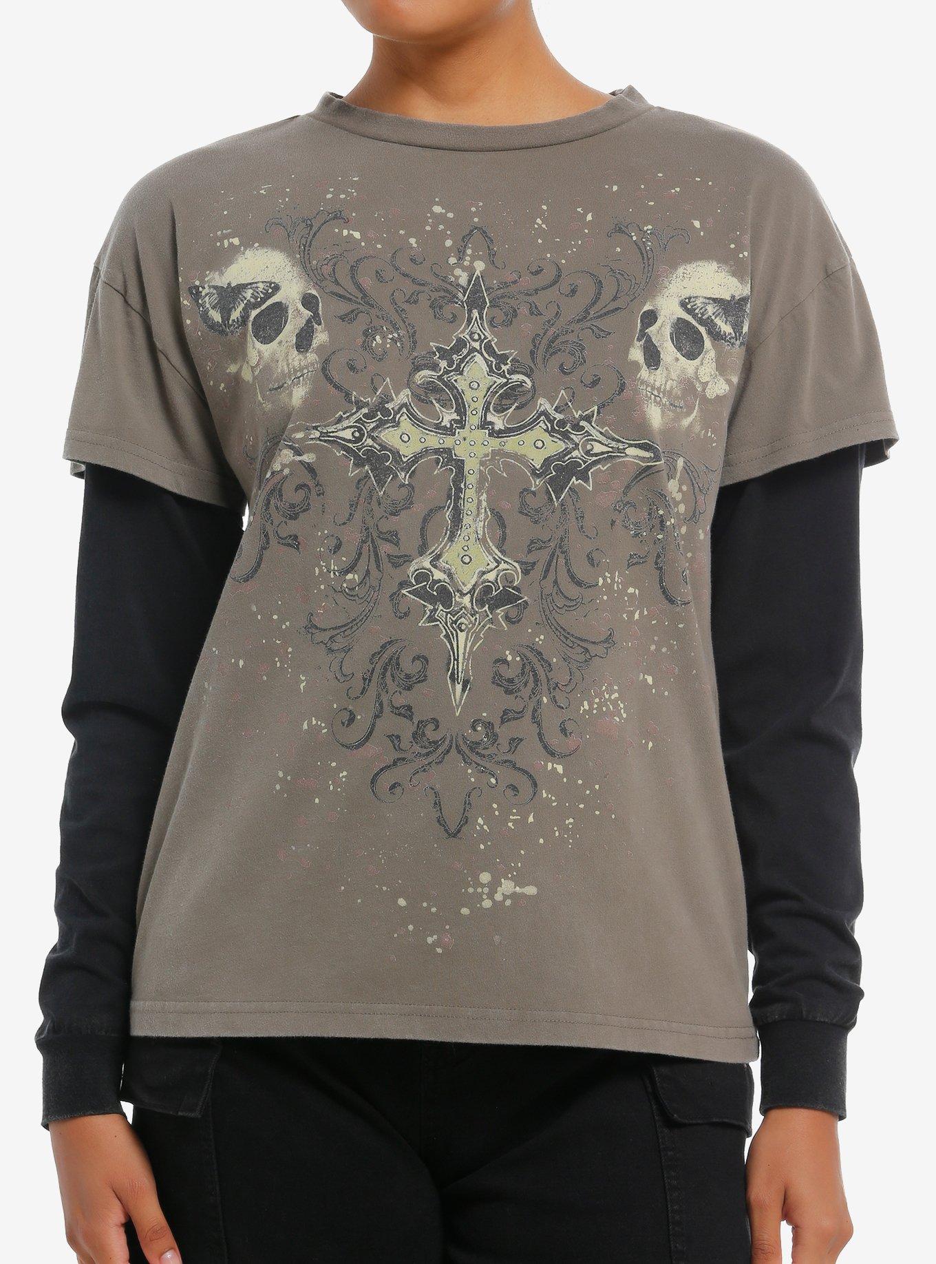 Grunge Skull Cross Mineral Wash Girls Long-Sleeve Twofer, , hi-res