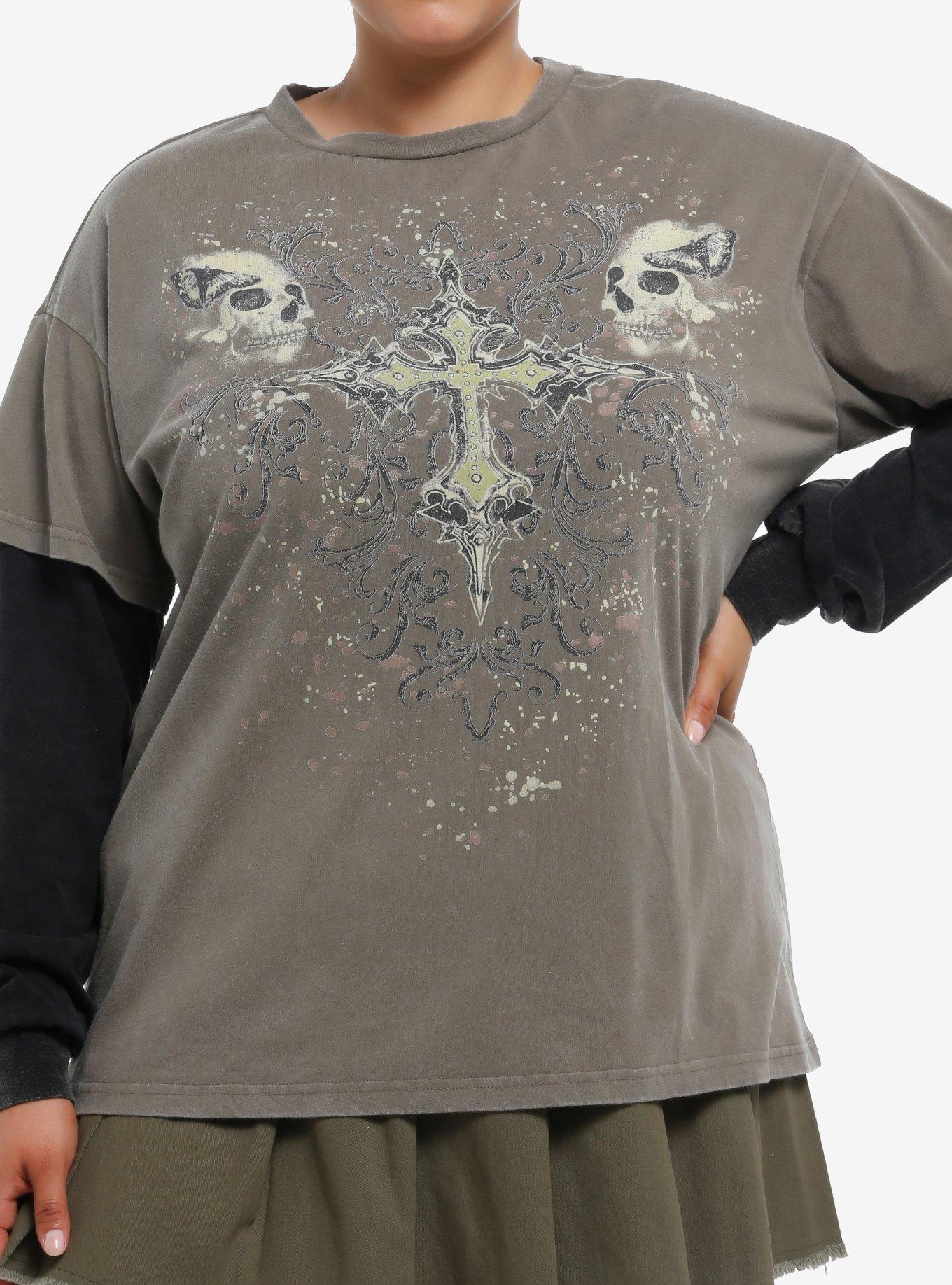 Grunge Skull Cross Mineral Wash Girls Long-Sleeve Twofer Plus Size, GREEN, hi-res