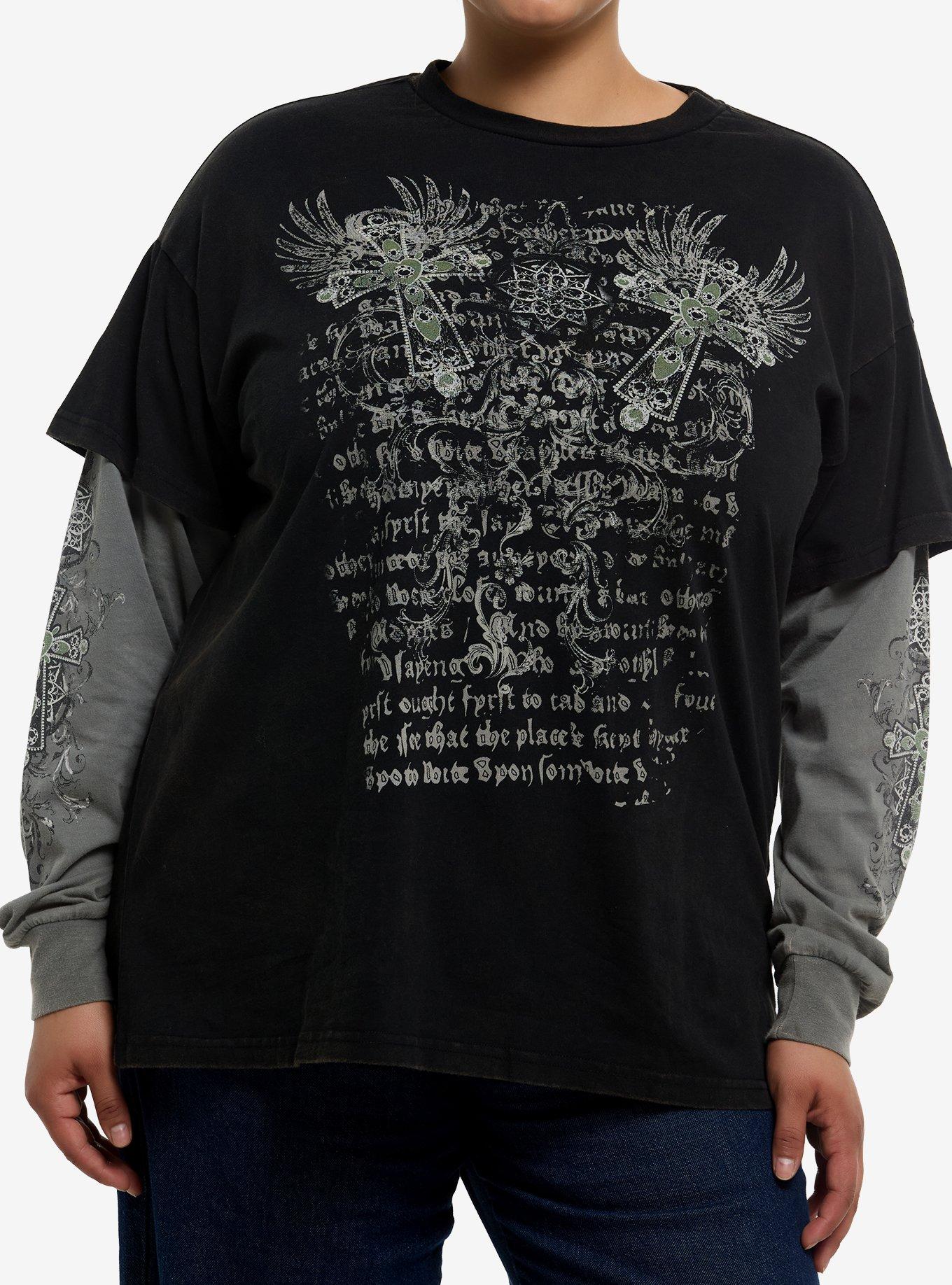 Winged Cross Black & Green Girls Twofer Long-Sleeve T-Shirt Plus Size, , hi-res