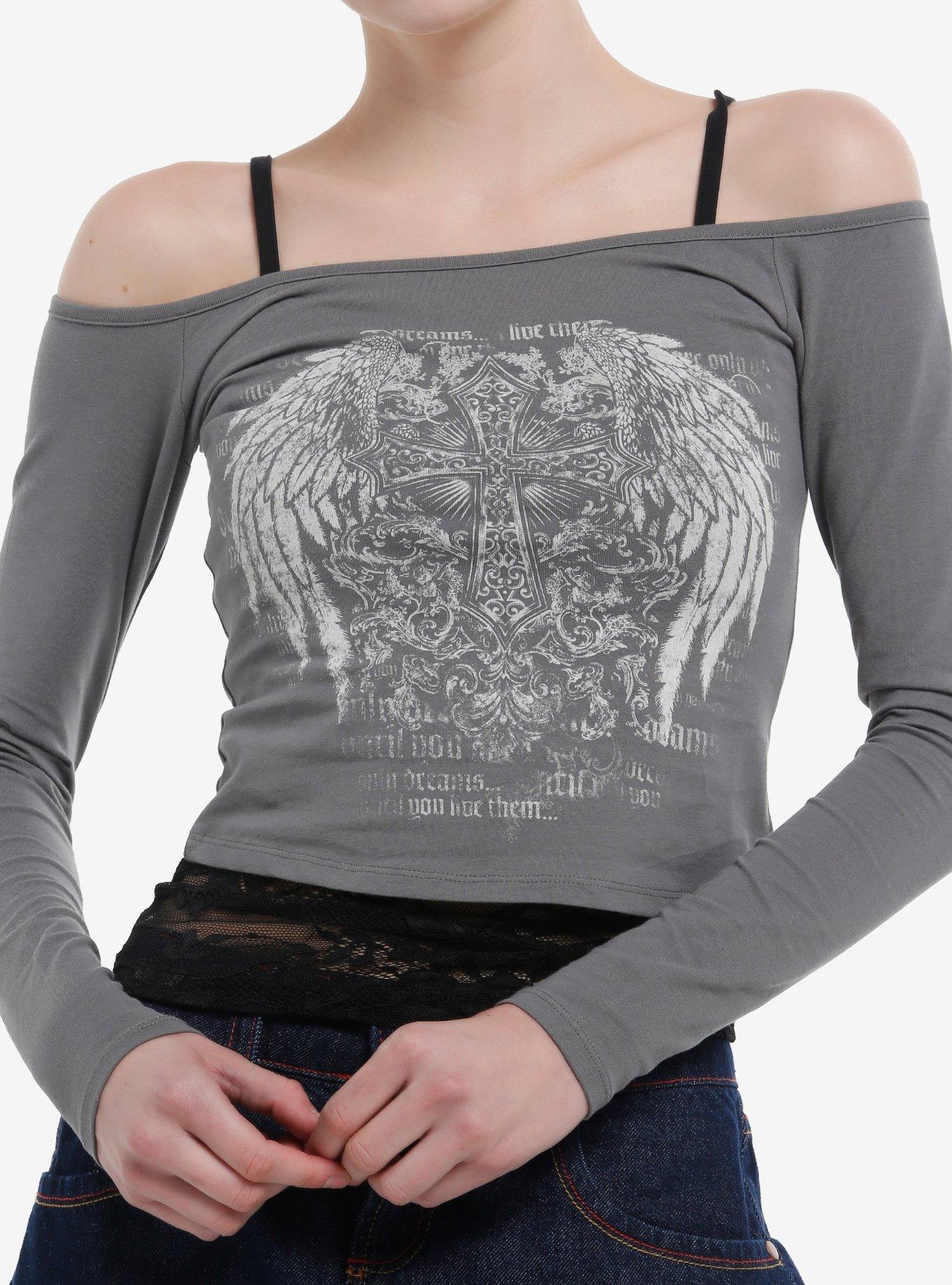 Grey & Black Lace Cami Winged Cross Girls Twofer Long-Sleeve Top, , hi-res