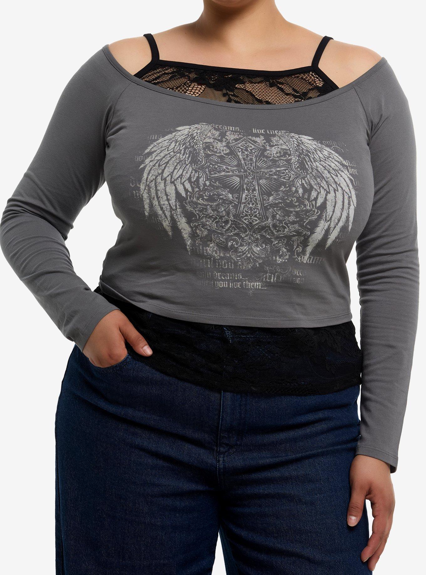 Grey & Black Lace Cami Winged Cross Girls Twofer Long-Sleeve Top Plus Size, , hi-res