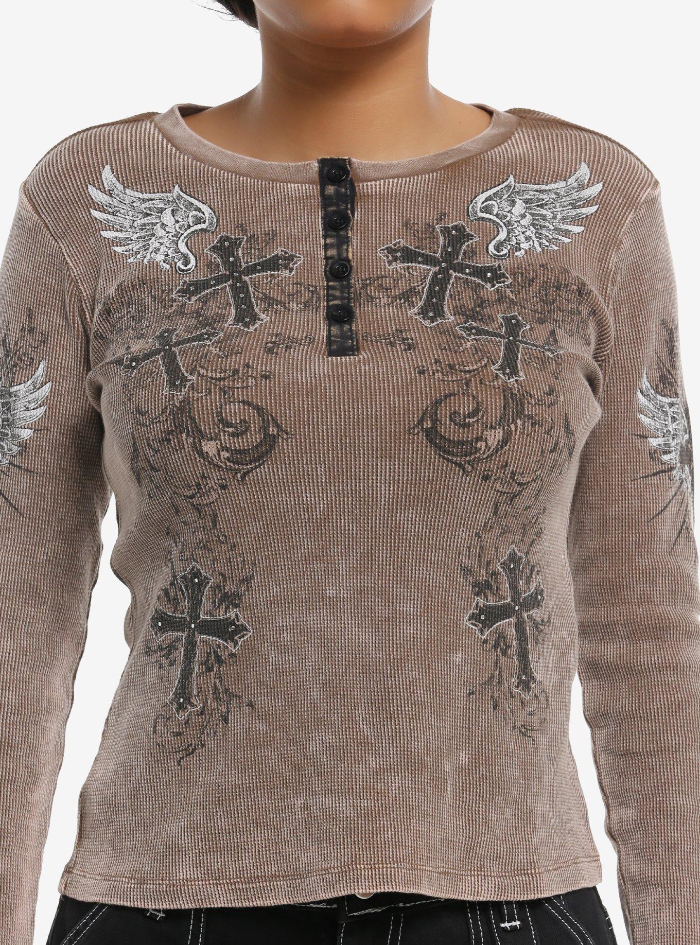 Brown Cross Filigree Ribbed Girls Long-Sleeve Top, , hi-res