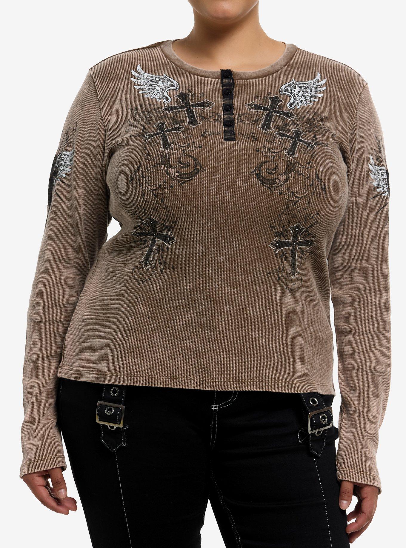 Brown Cross Filigree Ribbed Girls Long-Sleeve Top Plus Size, , hi-res
