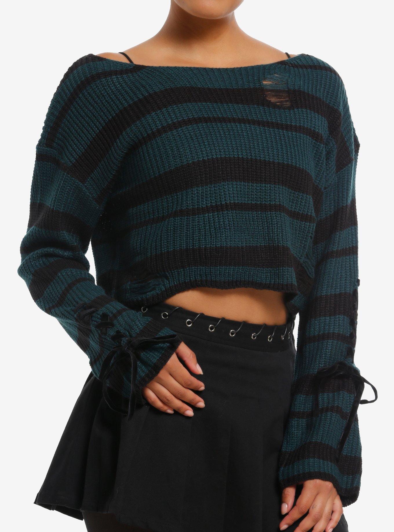 Dark Green & Black Destructed Knit Crop Girls Sweater, , hi-res