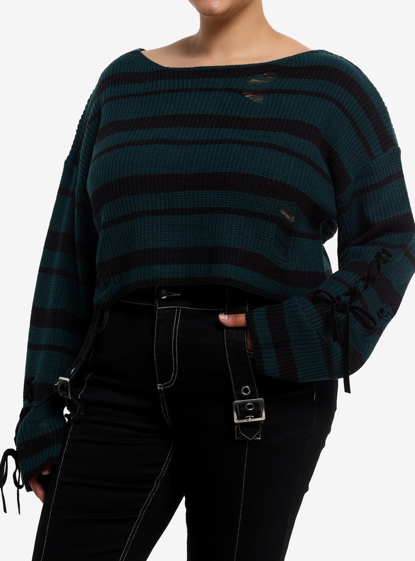 Dark Green & Black Destructed Knit Girls Crop Sweater, , hi-res