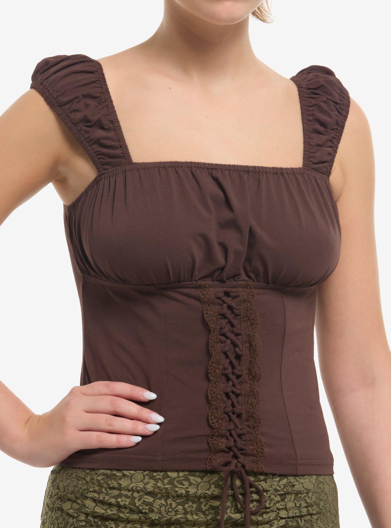Thorn & Fable Brown Lace-Up Girls Tank Top, , hi-res