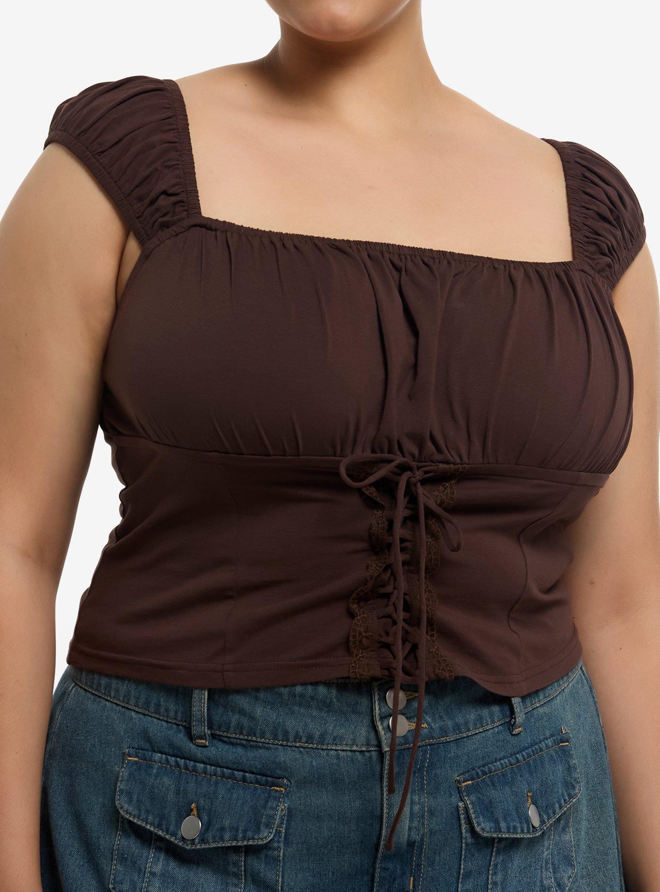Thorn & Fable Brown Cap Sleeve Lace-Up Girls Tank Top Plus Size, , hi-res