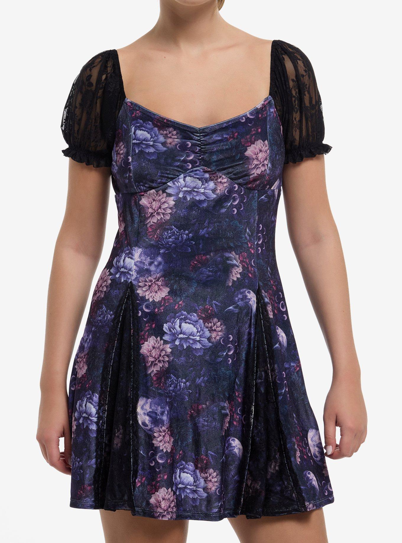 Cosmic Aura Purple Floral Velvet Puff Sleeve Mini Dress, , hi-res