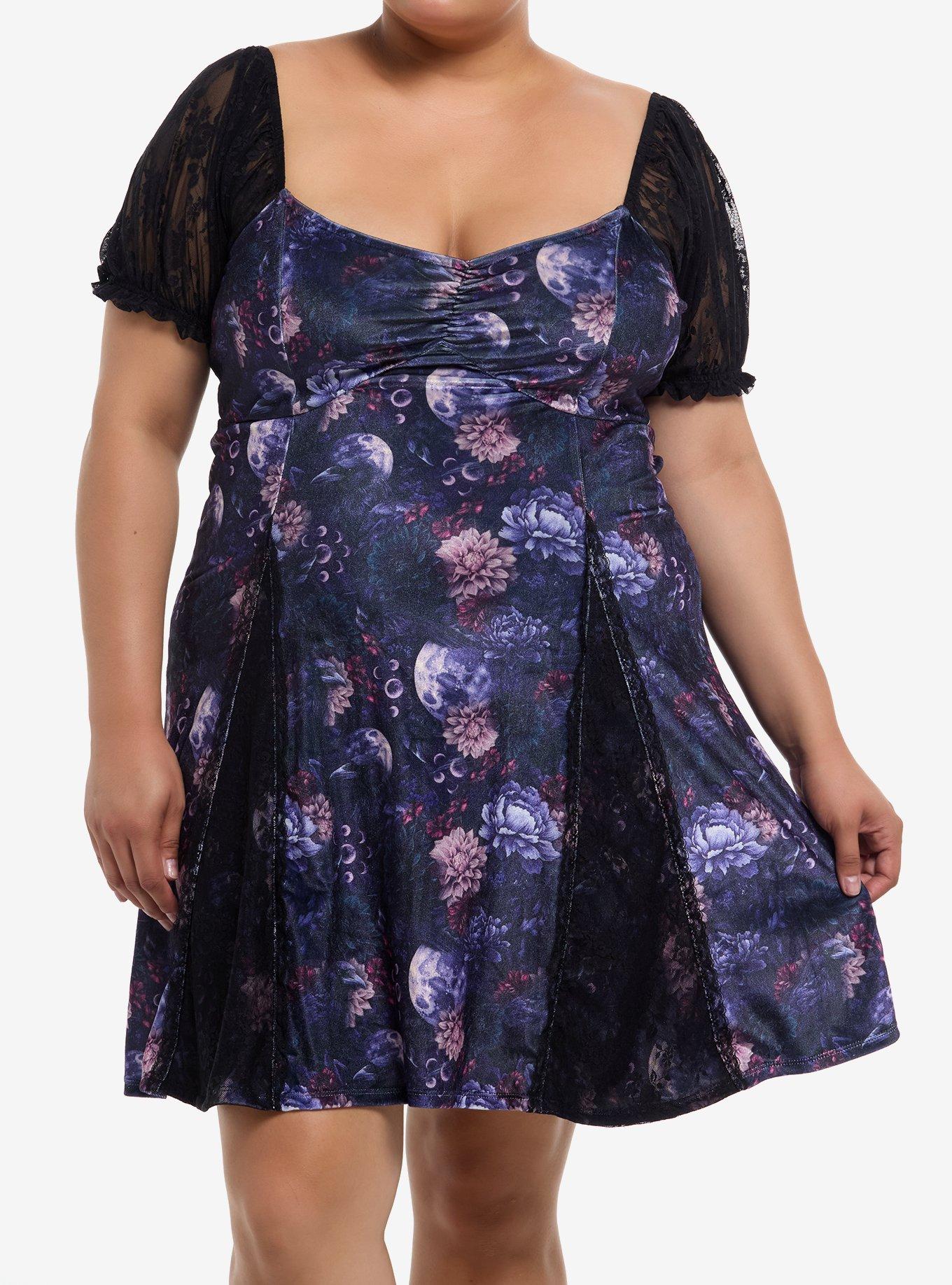 Cosmic Aura Purple Floral Velvet Puff Sleeve Mini Dress Plus Size, , hi-res