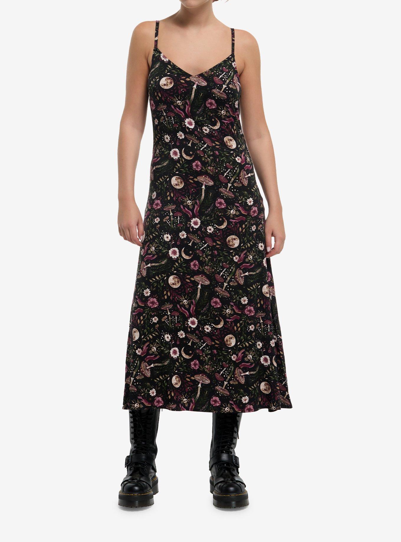 Cosmic Aura Dark Mushroom & Moon Strappy Midi Dress, , hi-res