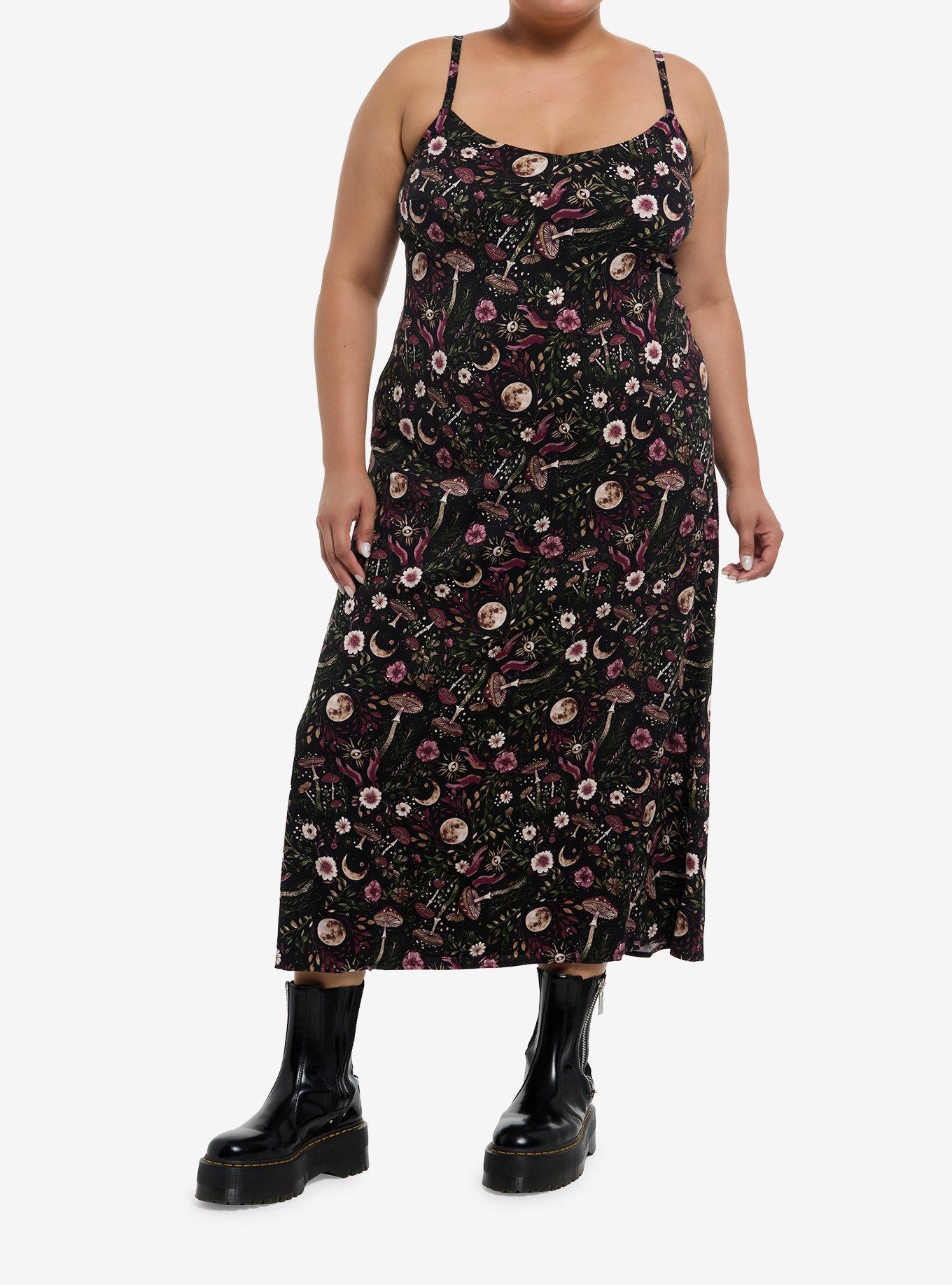 Cosmic Aura Dark Mushroom & Moon Strappy Midi Dress Plus Size, , hi-res