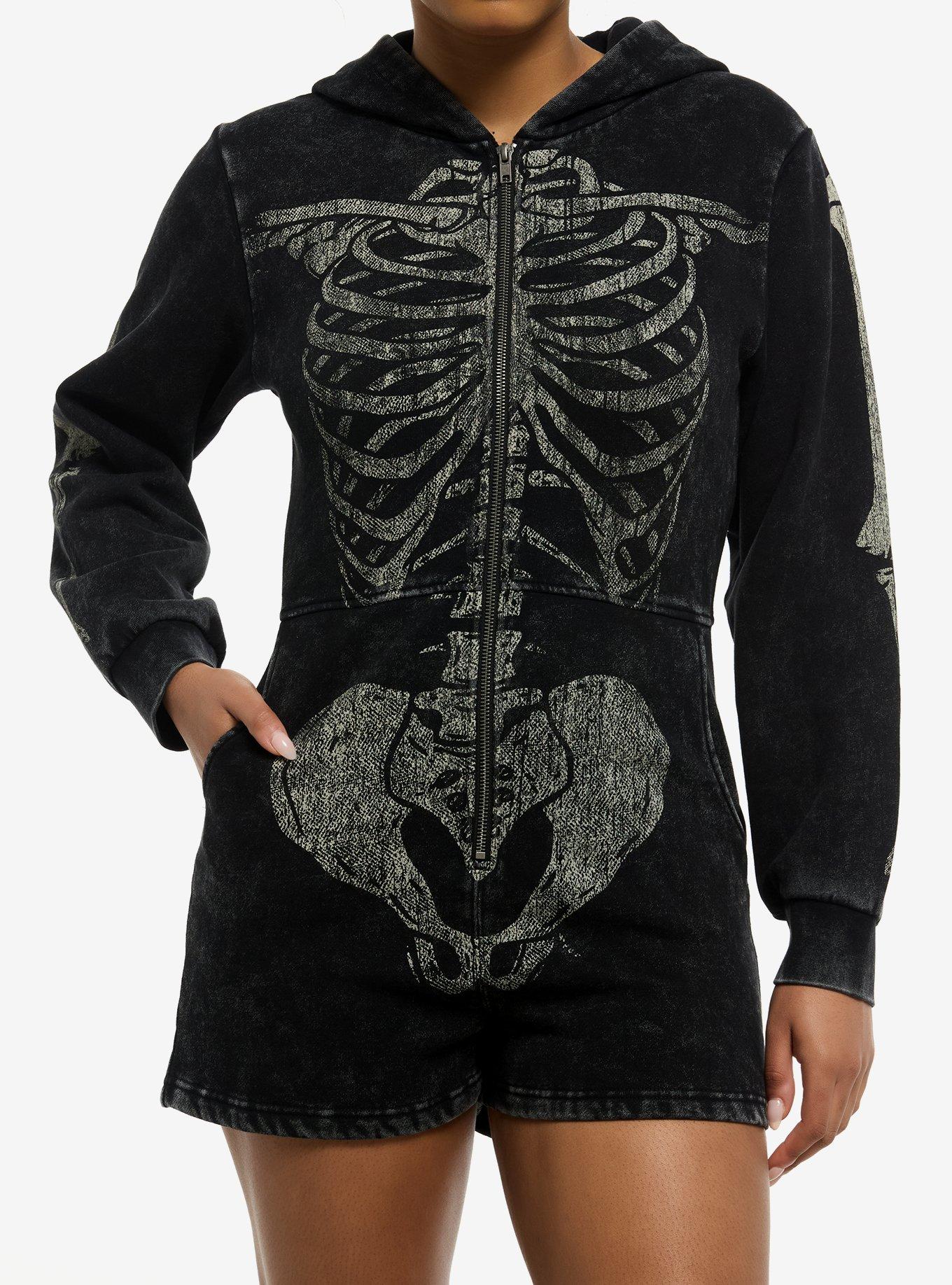 Skeleton Black Mineral Wash Hooded Girls Romper, , hi-res