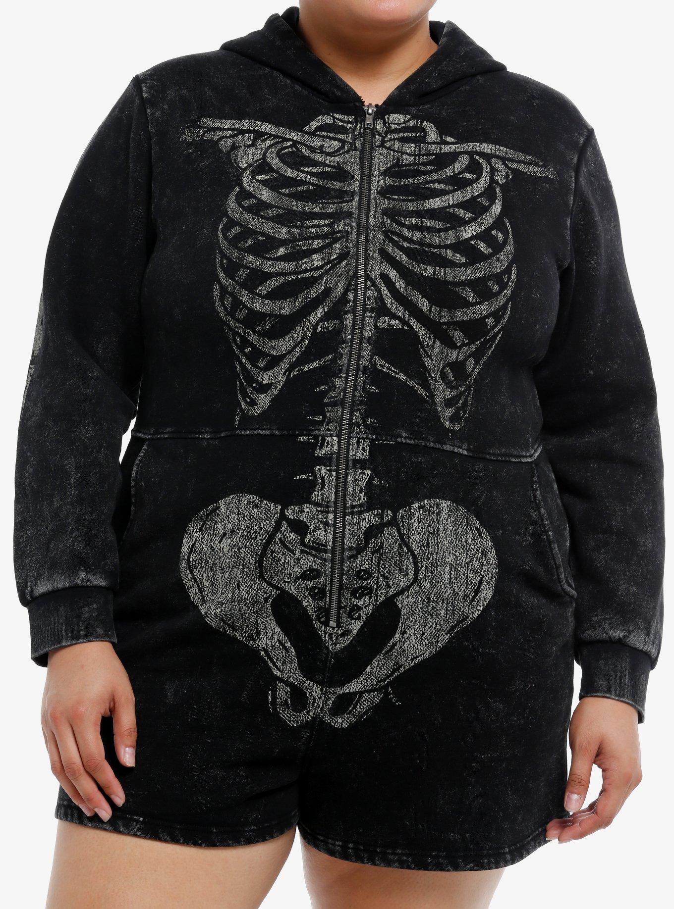 Skeleton Black Mineral Wash Hooded Girls Romper Plus Size, , hi-res