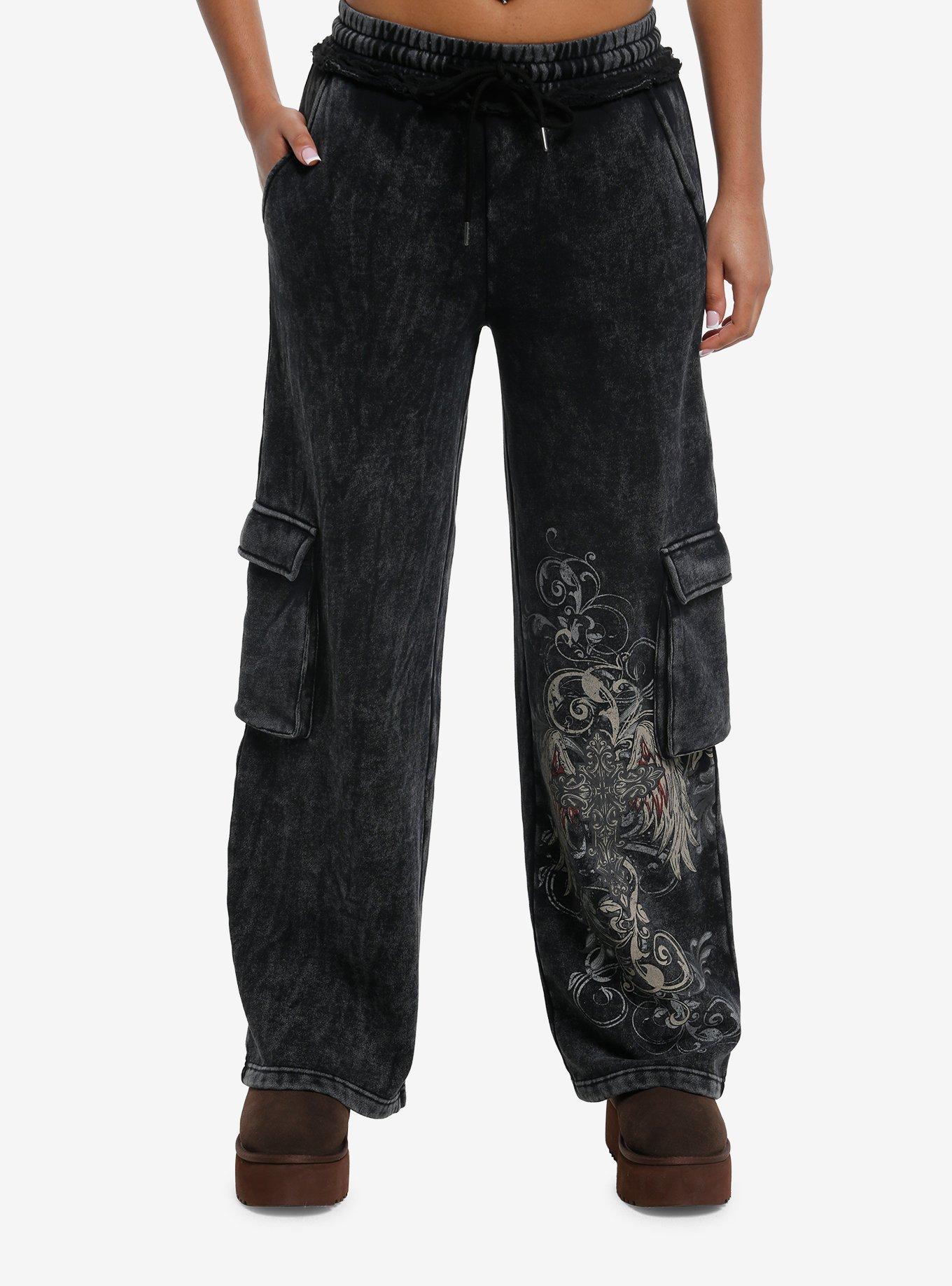 Skull Filigree Dark Wash Cargo Wide Leg Sweatpants, , hi-res
