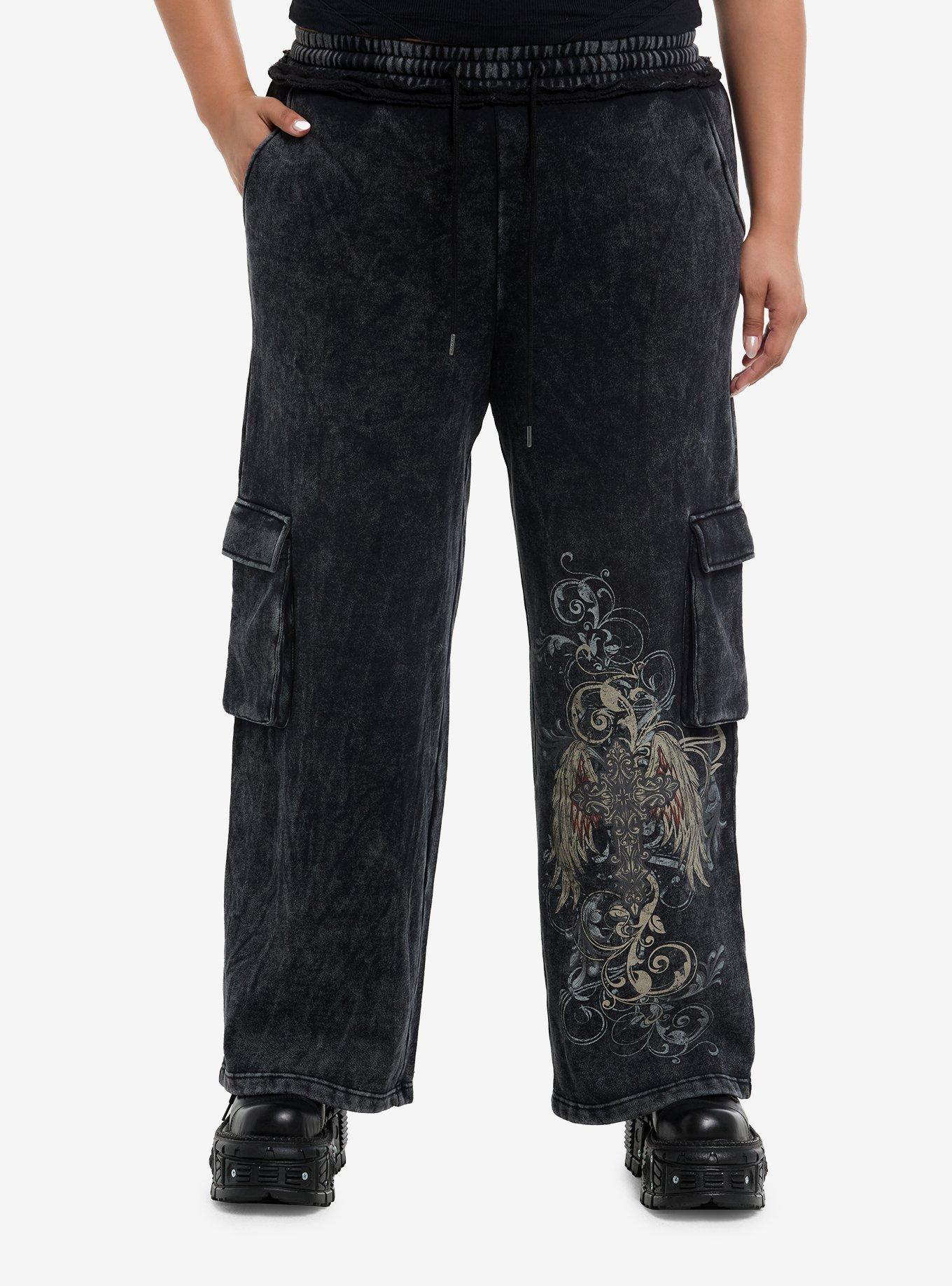 Skull Filigree Dark Wash Cargo Wide Leg Sweatpants Plus Size, , hi-res