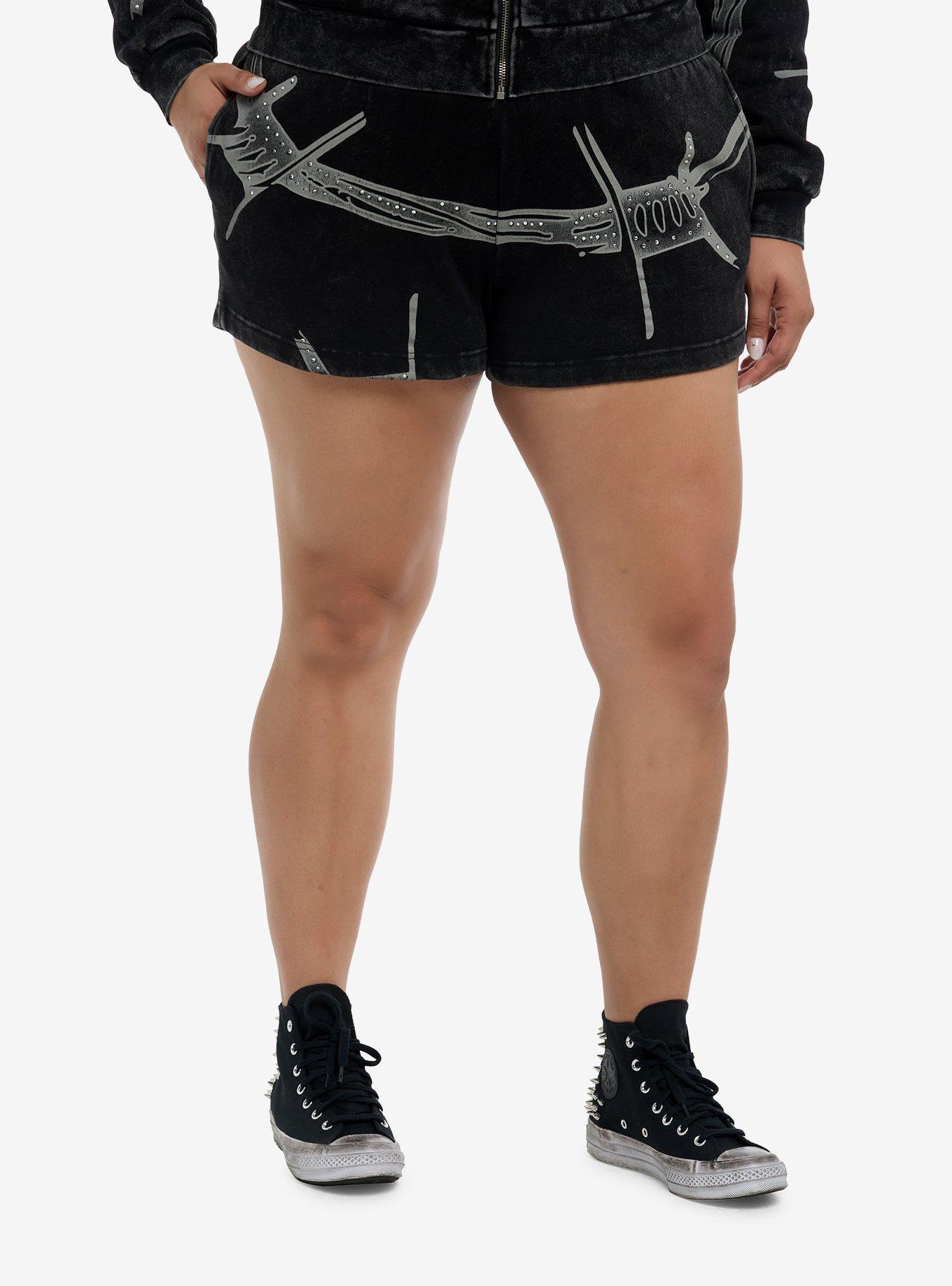 Black Wash Rhinestone Barbed Wire Girls Lounge Shorts Plus Size, GREY, hi-res