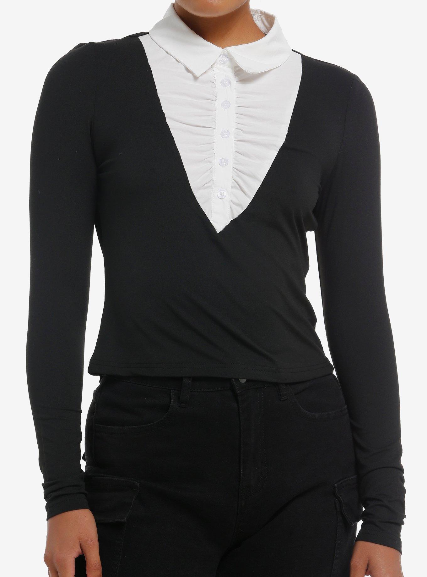 COSMICAURA Cosmic Aura Black & White Collared Girls Long-Sleeve Top