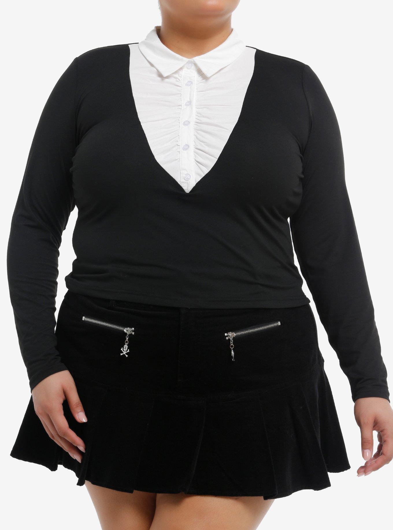 COSMICAURA Cosmic Aura Black & White Collared Girls Long-Sleeve Top Plus Size