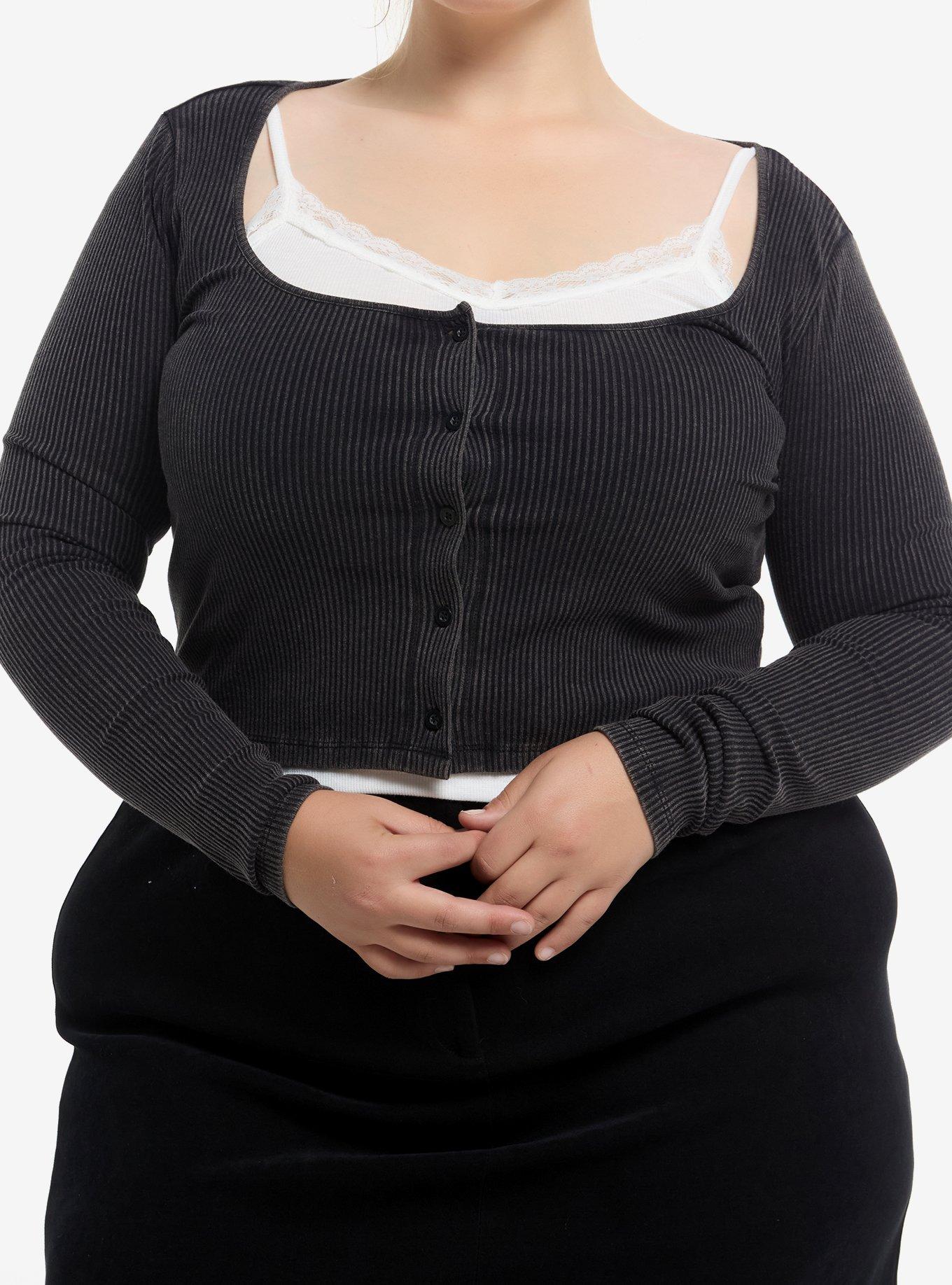 Washed Black & White Lace Cami Girls Crop Twofer Long-Sleeve Top Plus Size, , hi-res