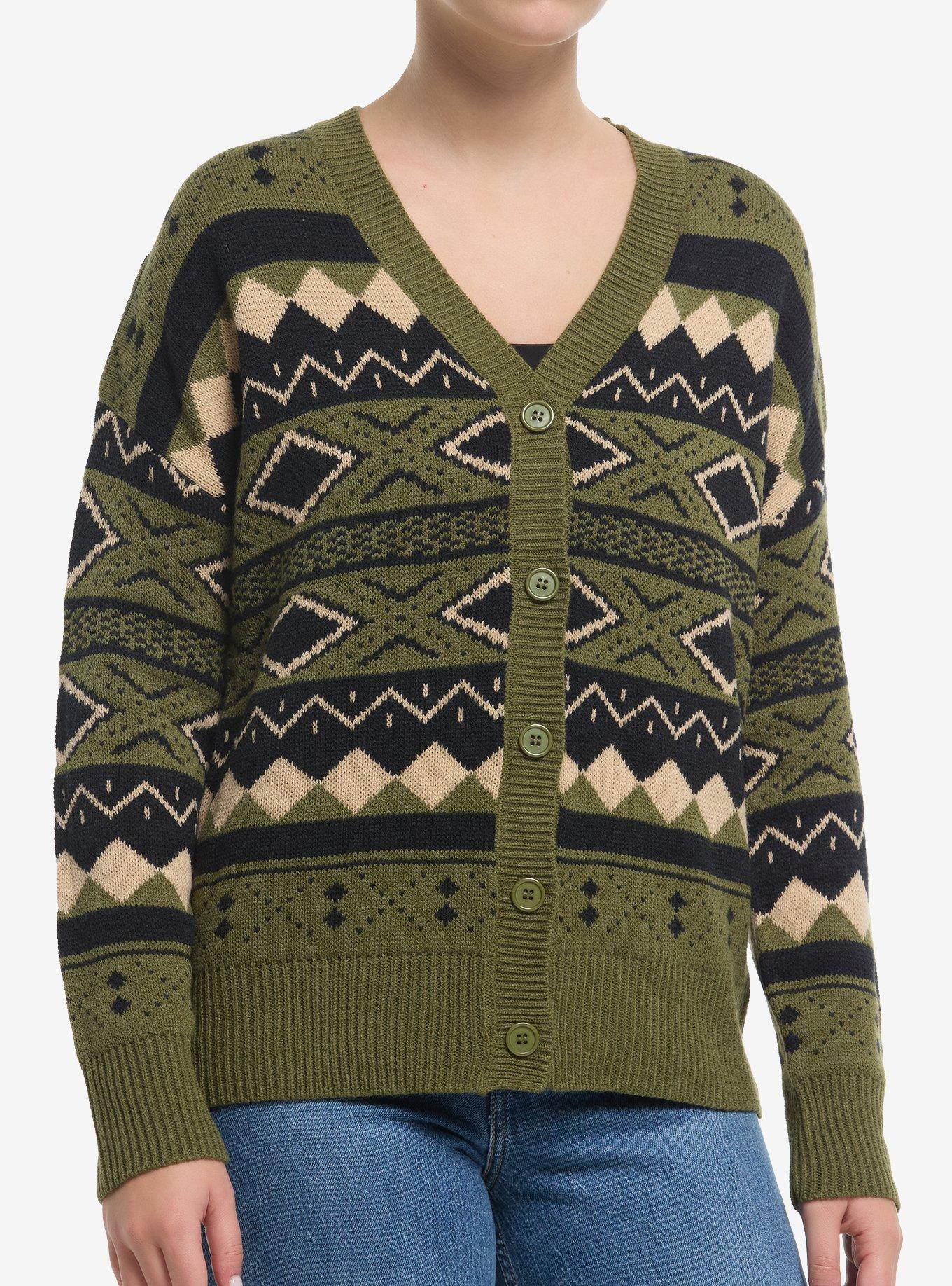 Thorn & Fable Green Black & Cream Geometric Girls Cardigan, , hi-res