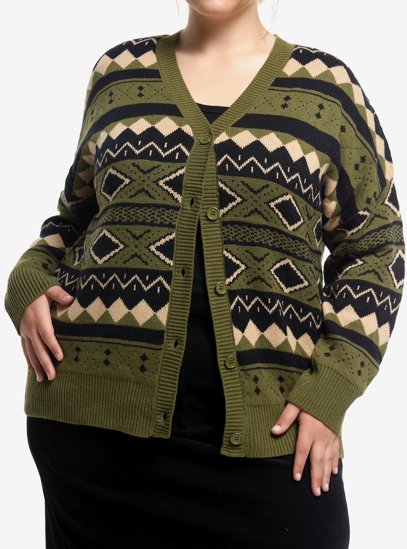 Thorn & Fable Green Black & Cream Geometric Girls Cardigan Plus Size, , hi-res