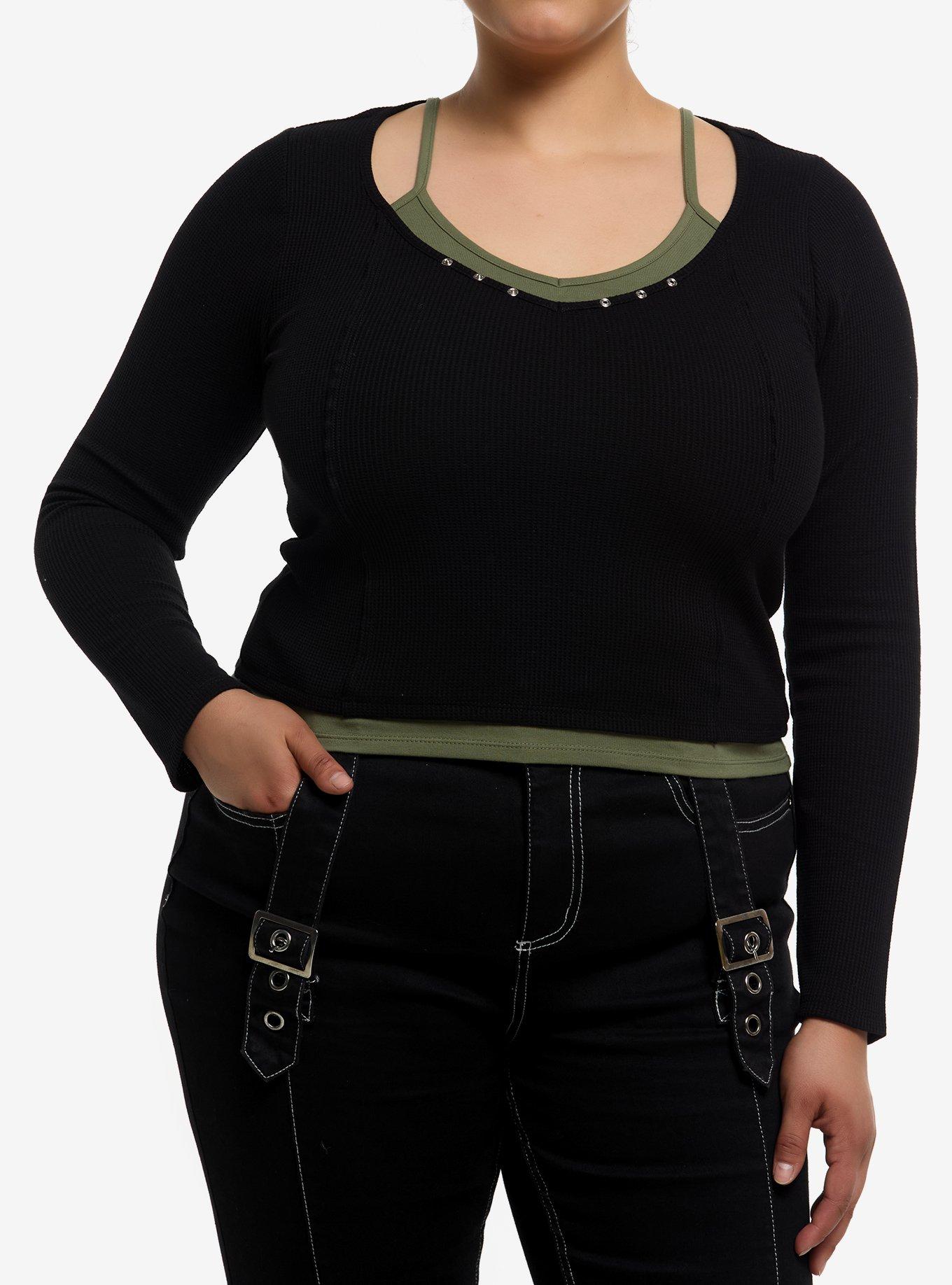 Black & Green Tank Girls Twofer Long-Sleeve Top Plus Size, , hi-res