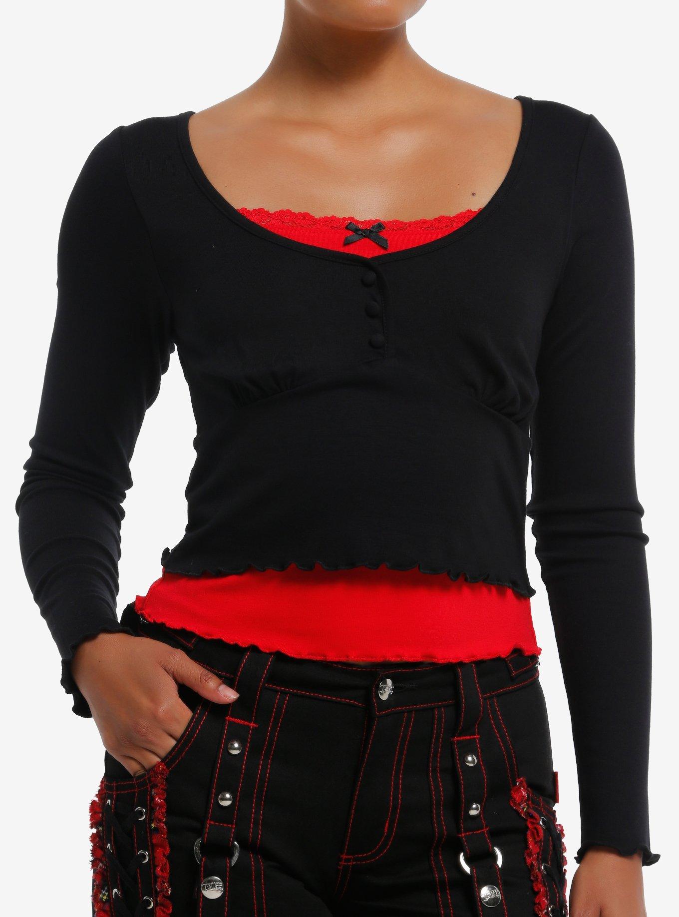 Black & Red Ruffle Bow Girls Layered Long-Sleeve Top, , hi-res