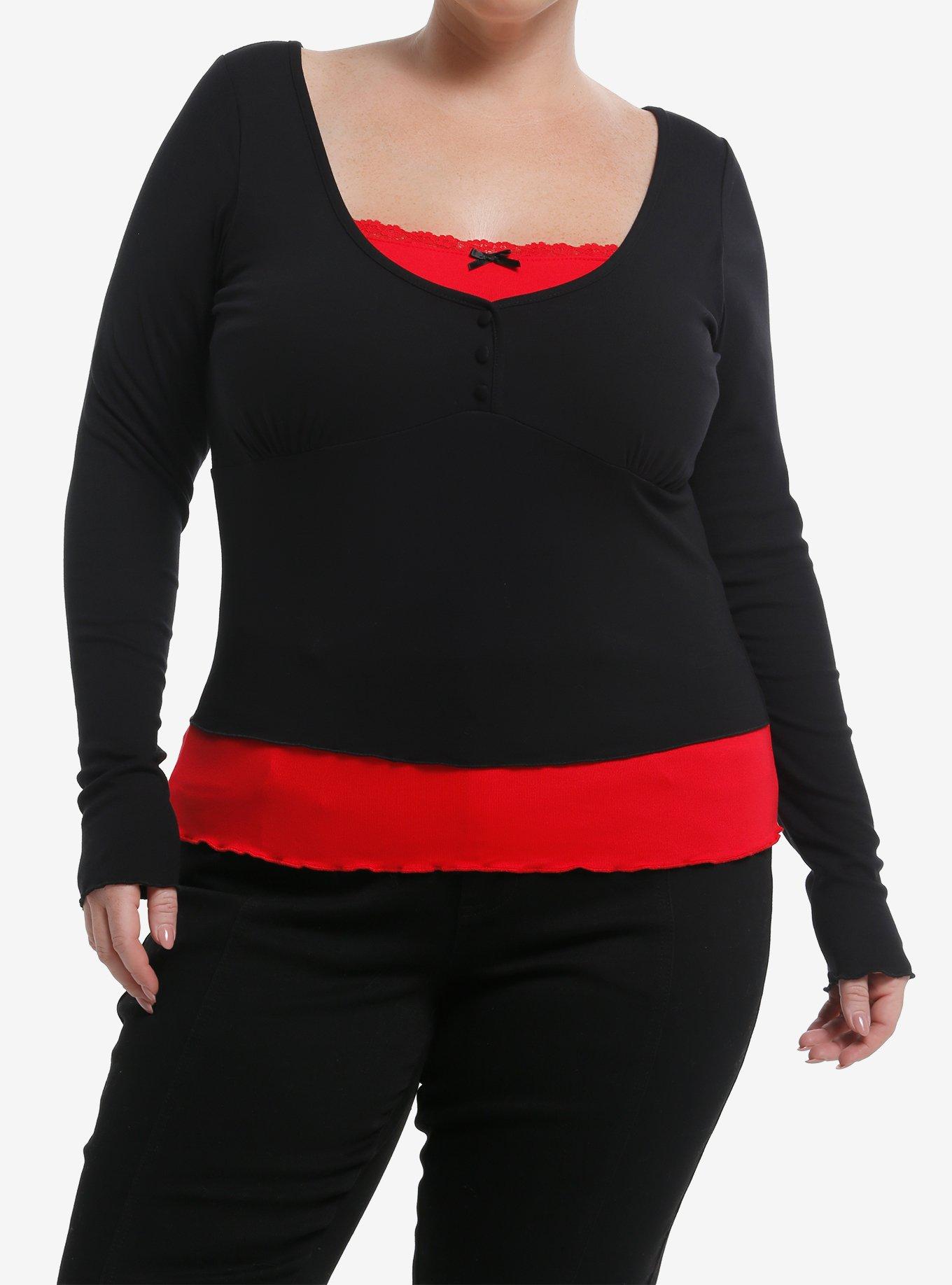 Black & Red Ruffle Bow Girls Layered Long-Sleeve Top Plus Size, , hi-res