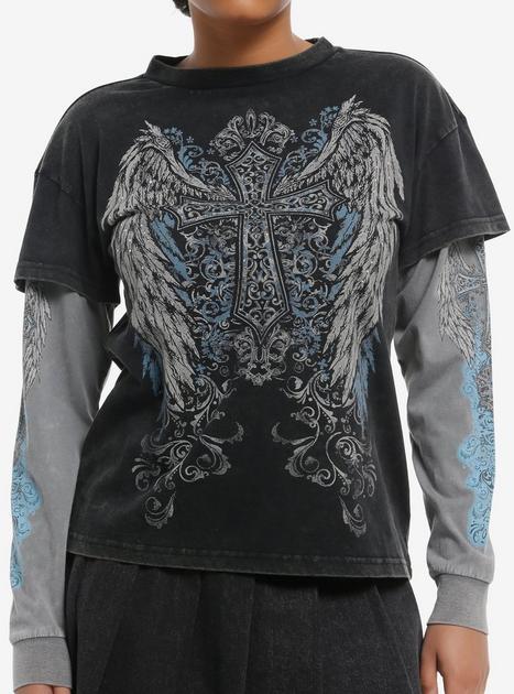 Winged Cross Rhinestone Girls Twofer Long-Sleeve T-Shirt | Hot Topic