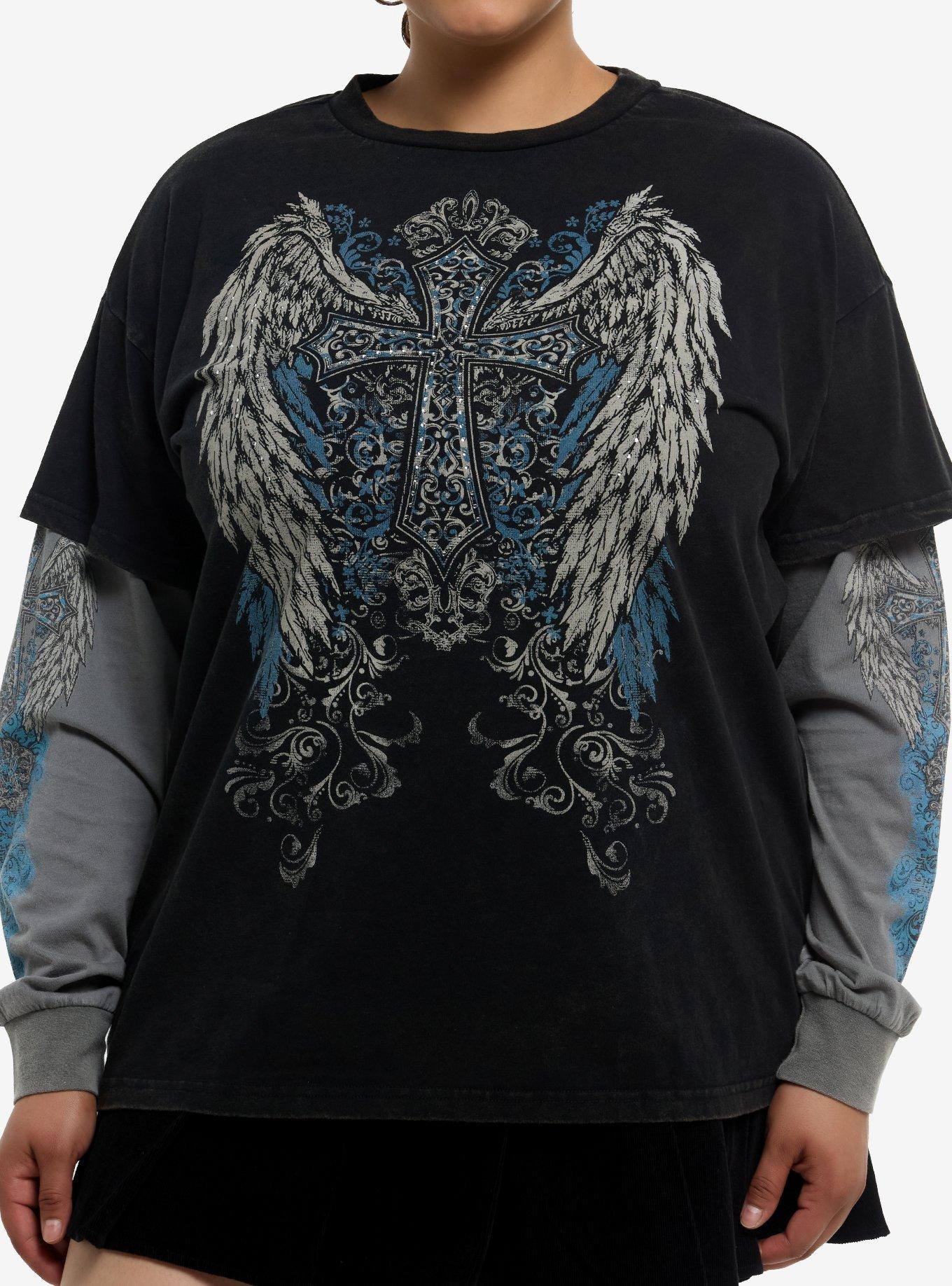 Winged Cross Rhinestone Girls Twofer Long-Sleeve T-Shirt Plus Size, , hi-res