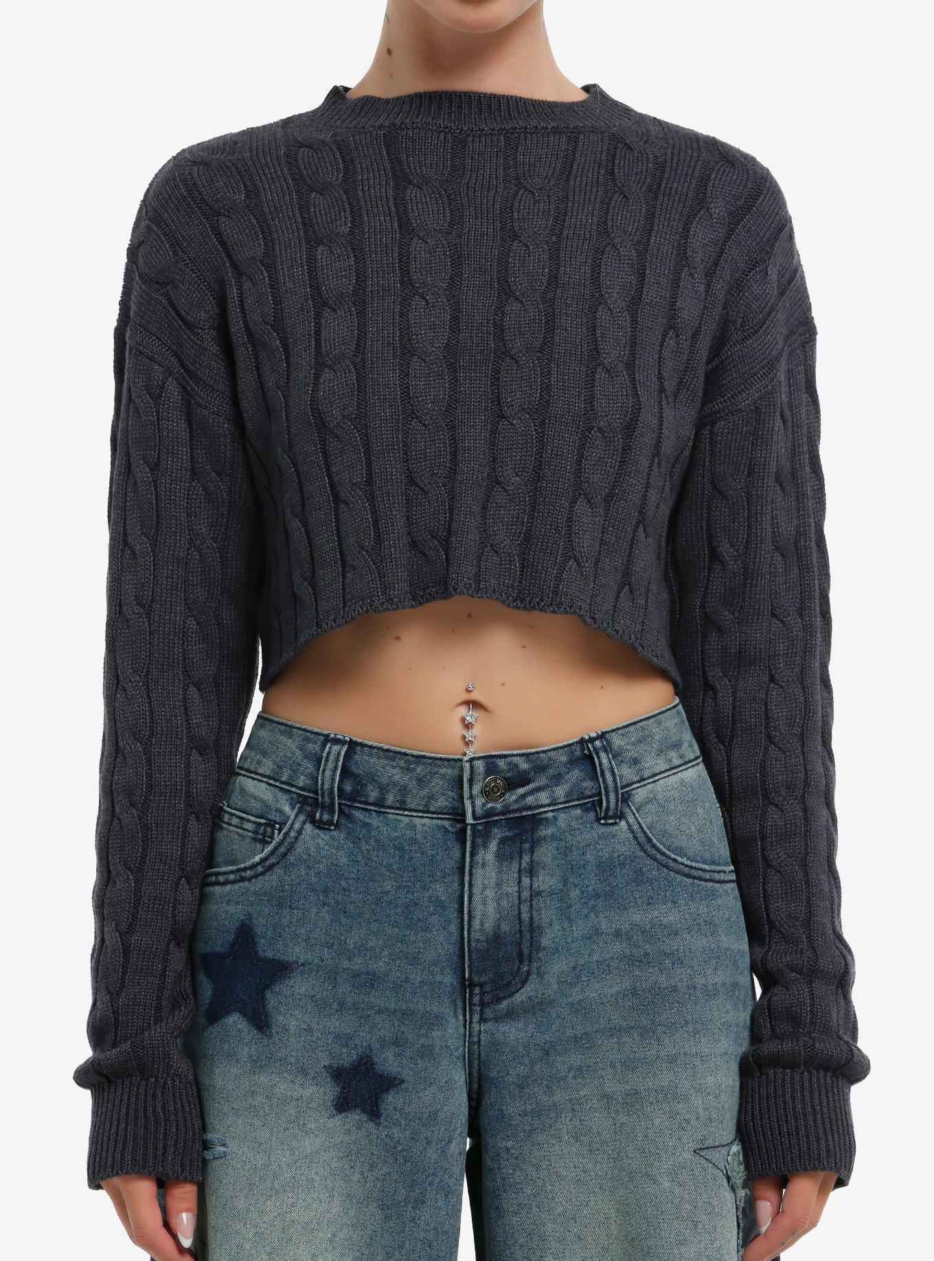 Grey Cable Knit Girls Crop Sweater, , hi-res