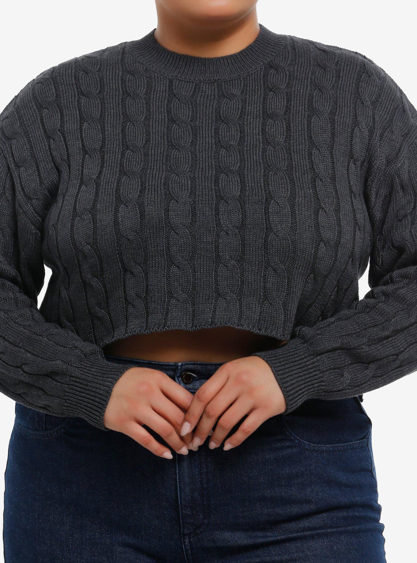 Grey Cable Knit Girls Crop Sweater Plus Size, , hi-res