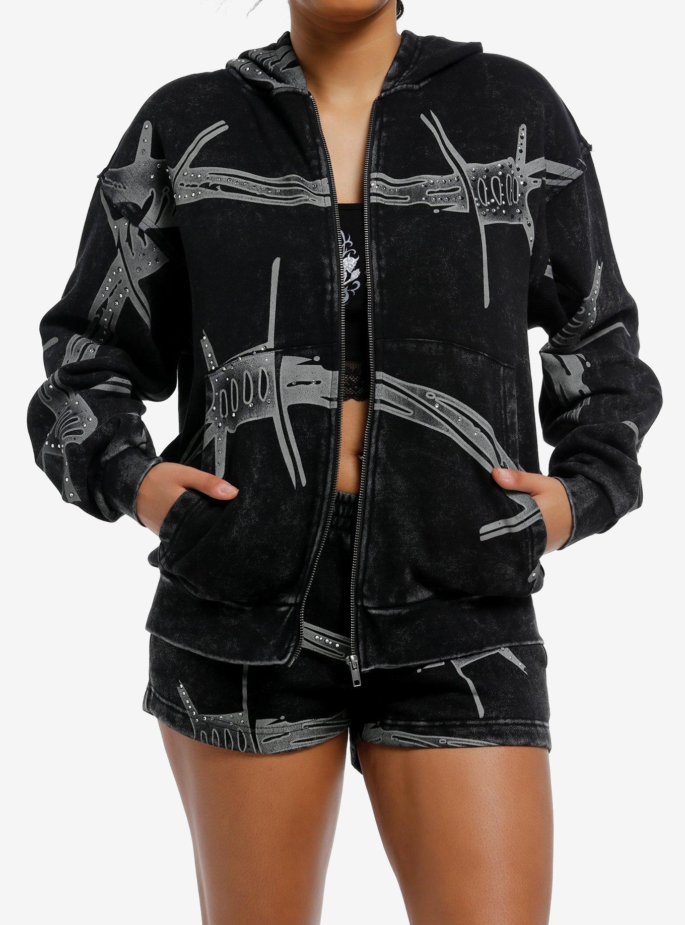 Black Wash Rhinestone Barbed Wire Girls Hoodie, , hi-res
