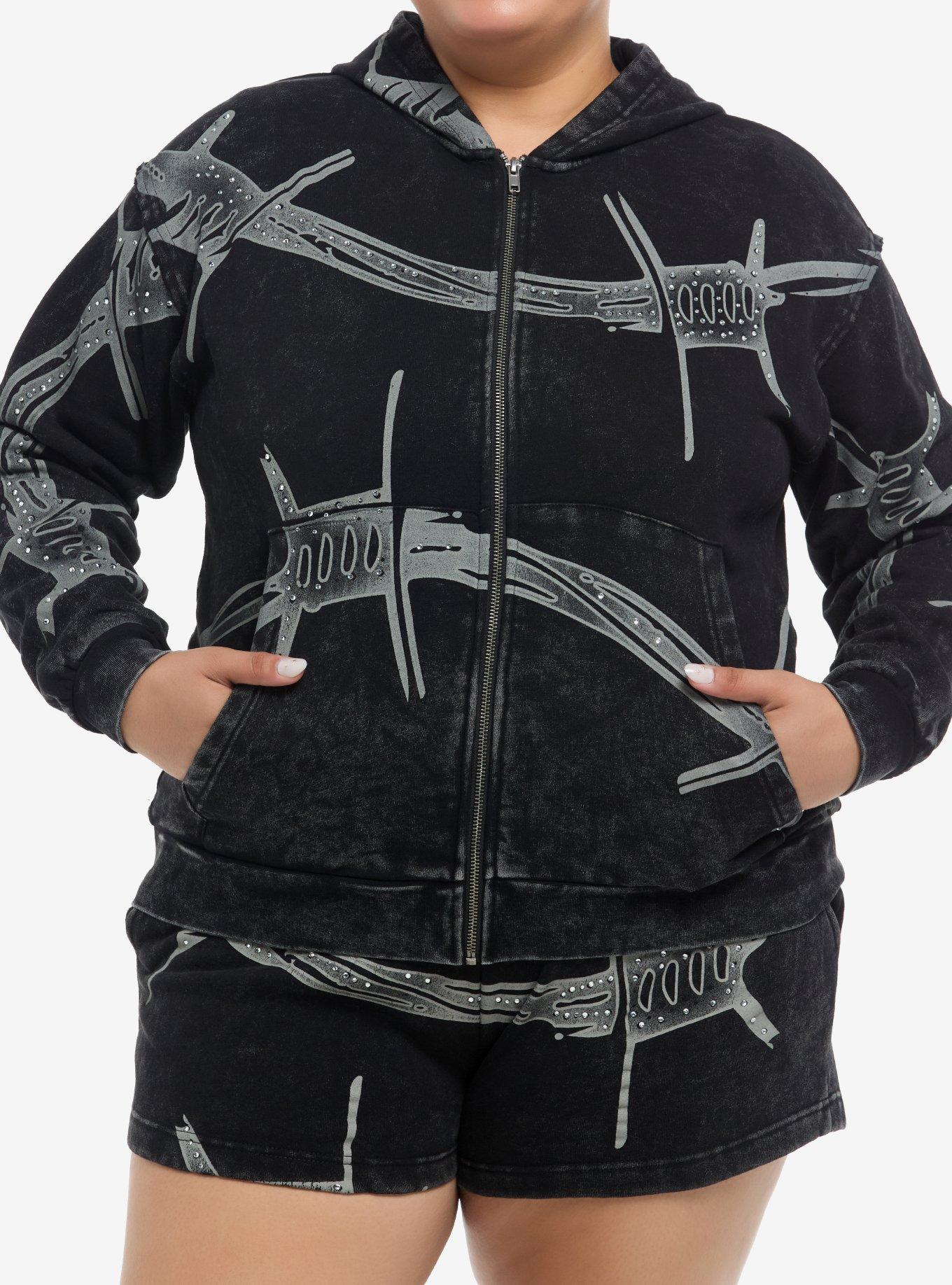 Black Wash Rhinestone Barbed Wire Girls Hoodie Plus Size, , hi-res