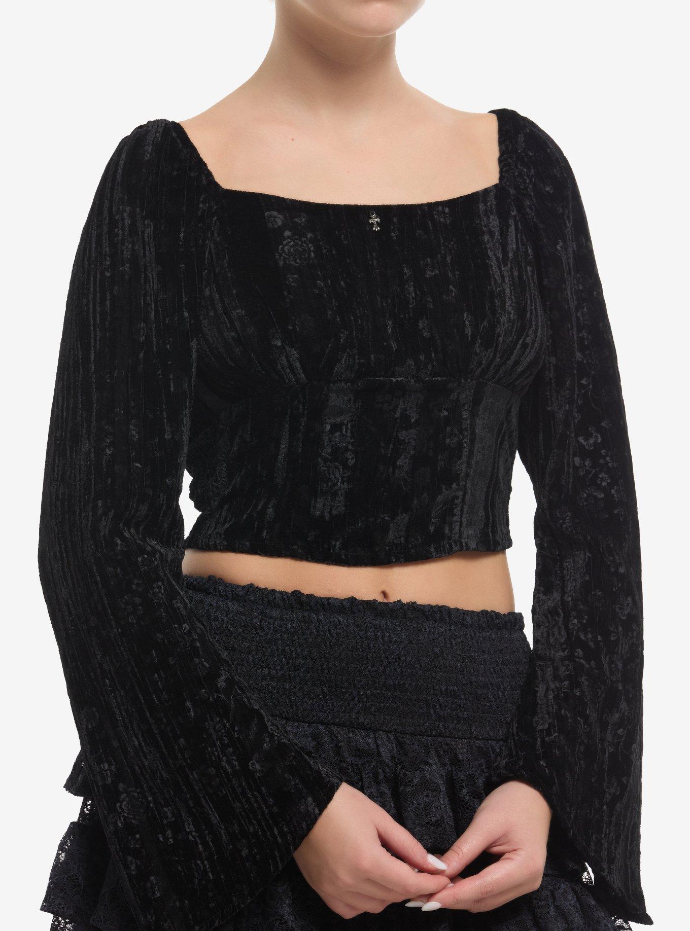 Cosmic Aura Black Velvet Floral Girls Bell Sleeve Top, , hi-res
