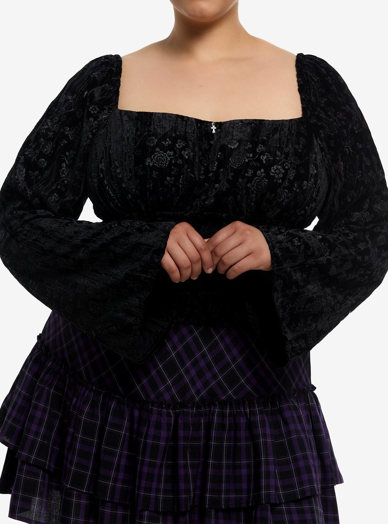 Cosmic Aura Black Velvet Floral Girls Bell Sleeve Top Plus Size, , hi-res