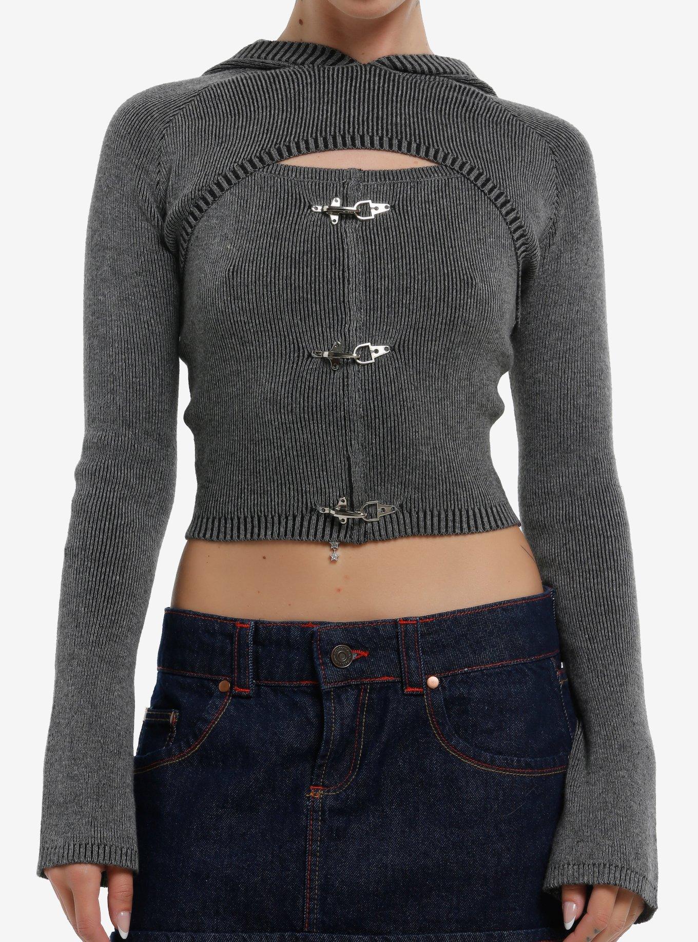 Grey Buckle Ribbed Girls Hooded Long-Sleeve Twofer, , hi-res