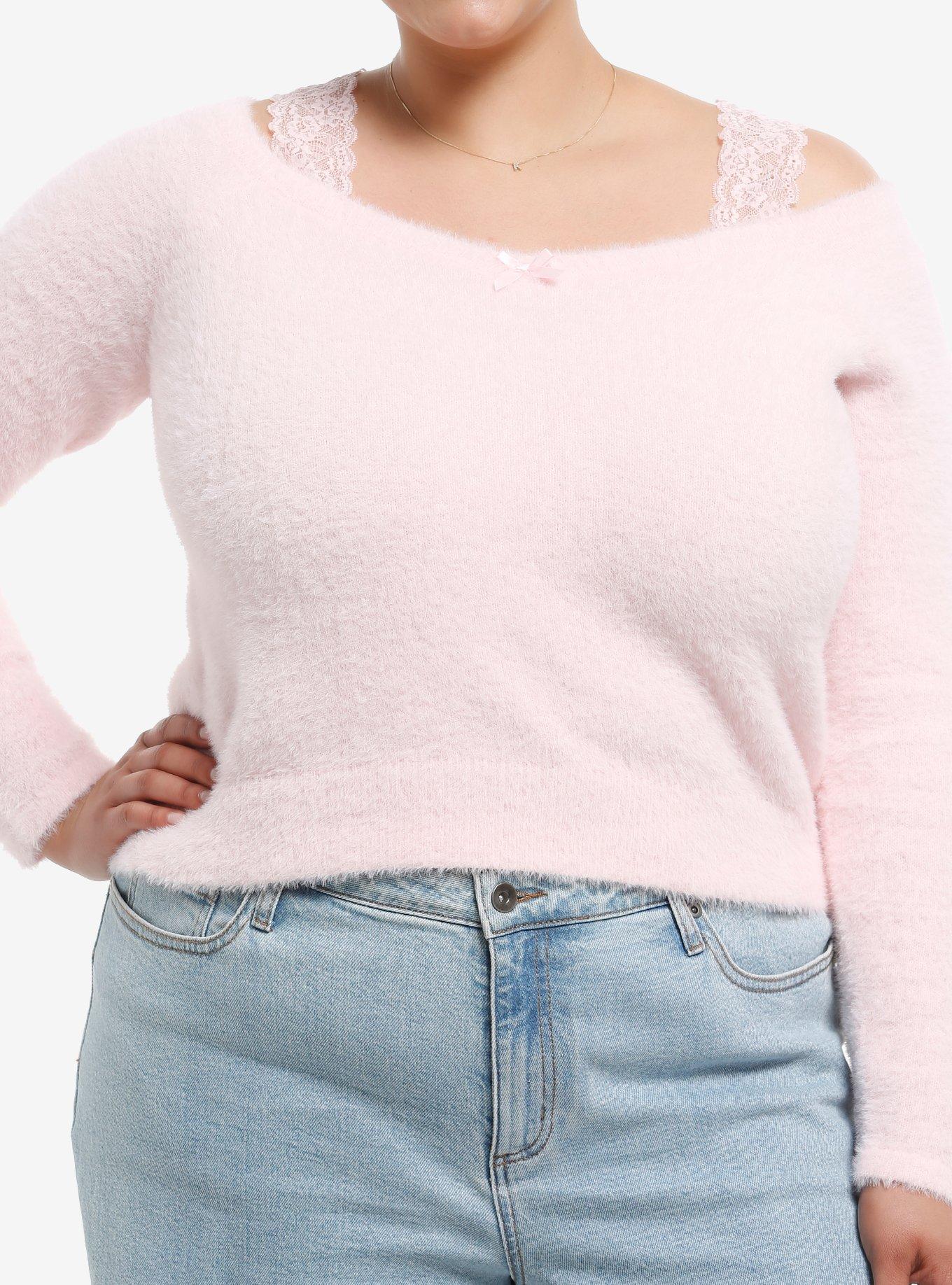 Sweet Society Fuzzy Pink Girls Cold-Shoulder Sweater Plus Size