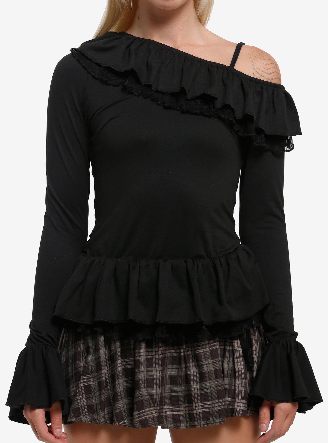 Black Ruffle Girls Asymmetrical Long-Sleeve Top, , hi-res