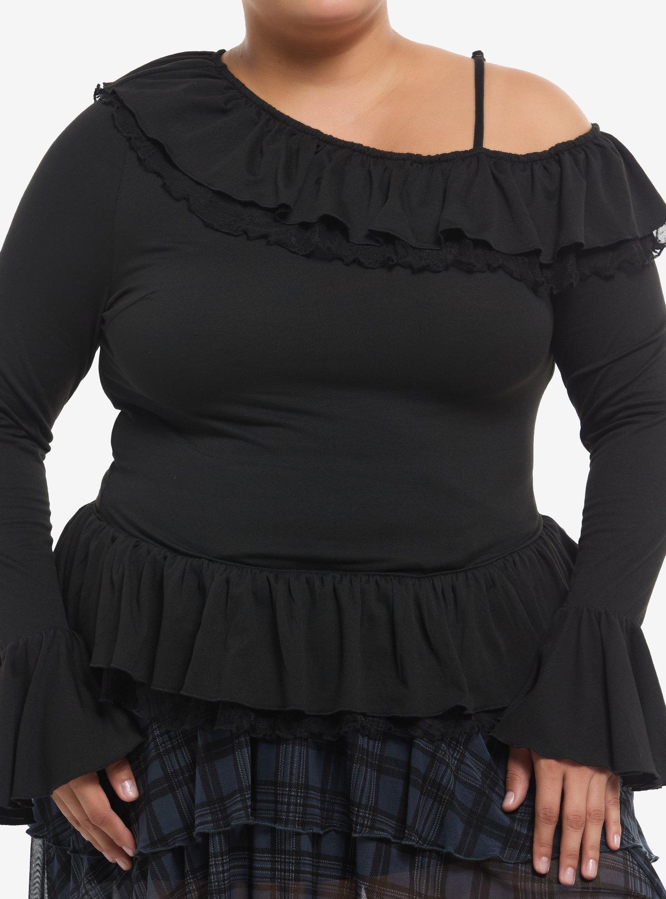 Black Ruffle Girls Asymmetrical Long-Sleeve Top Plus Size, , hi-res