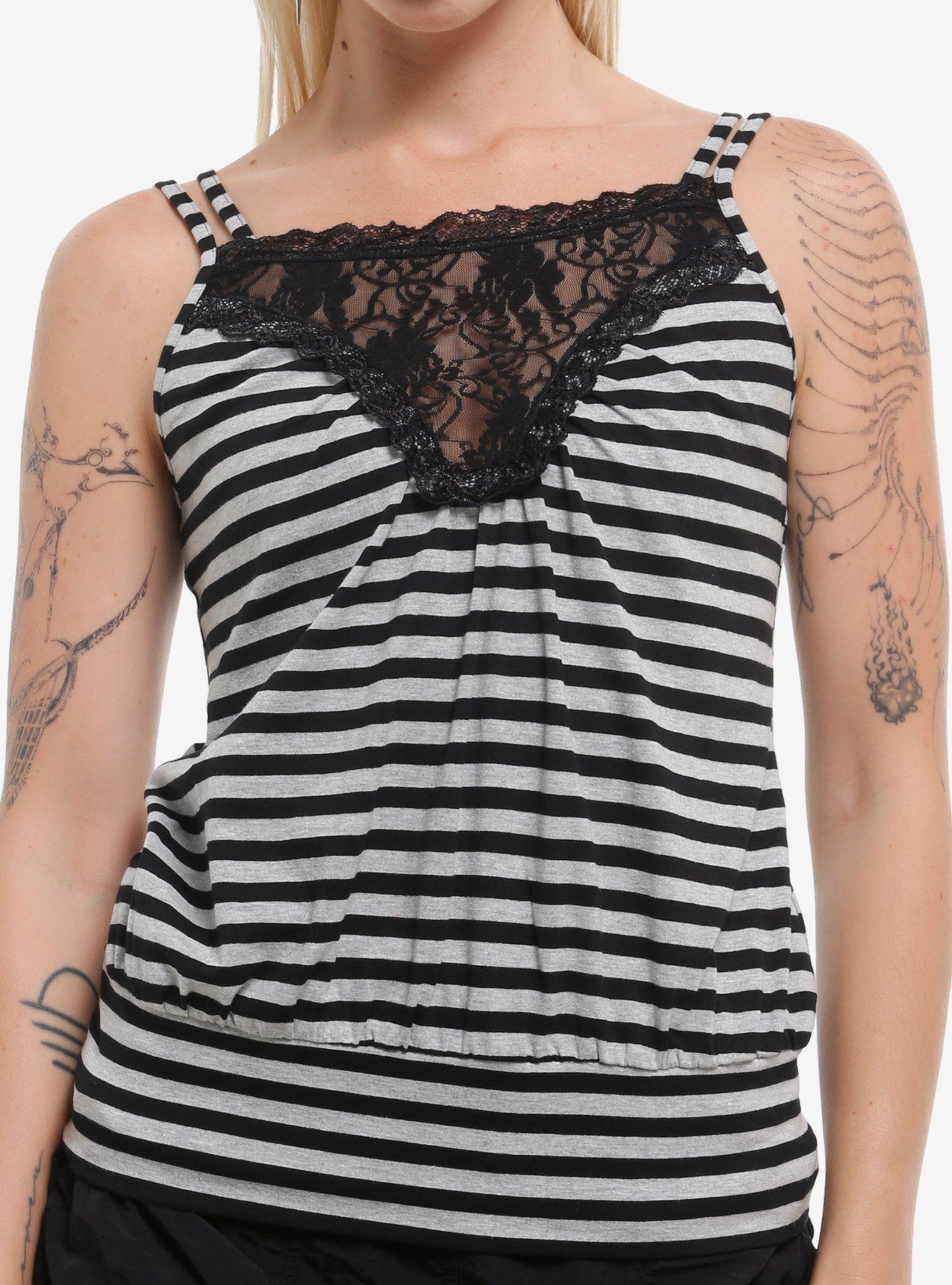 Black & Grey Stripe Lace Girls Tank Top, , hi-res