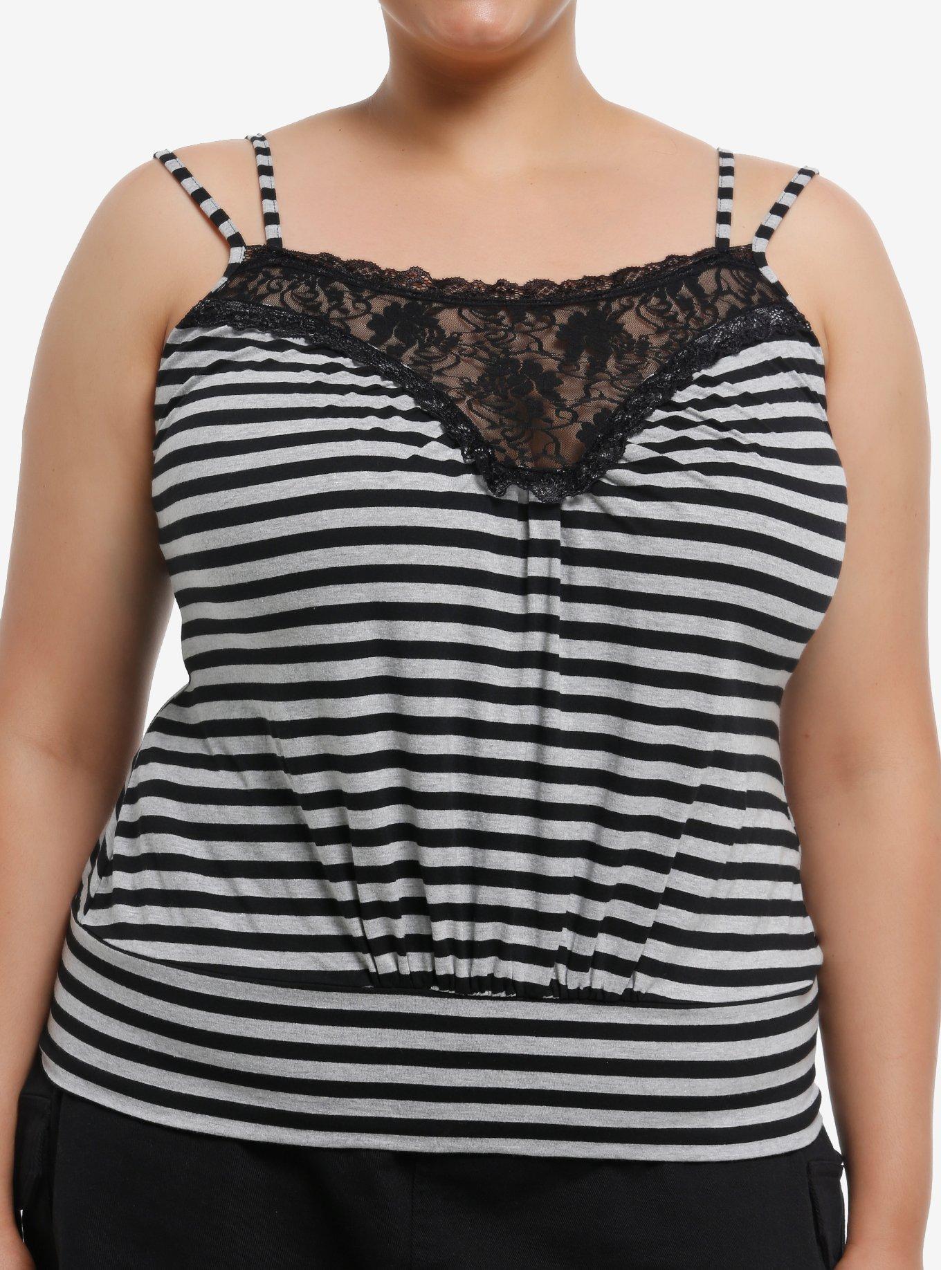 Black & Grey Stripe Lace Girls Tank Top Plus Size, , hi-res