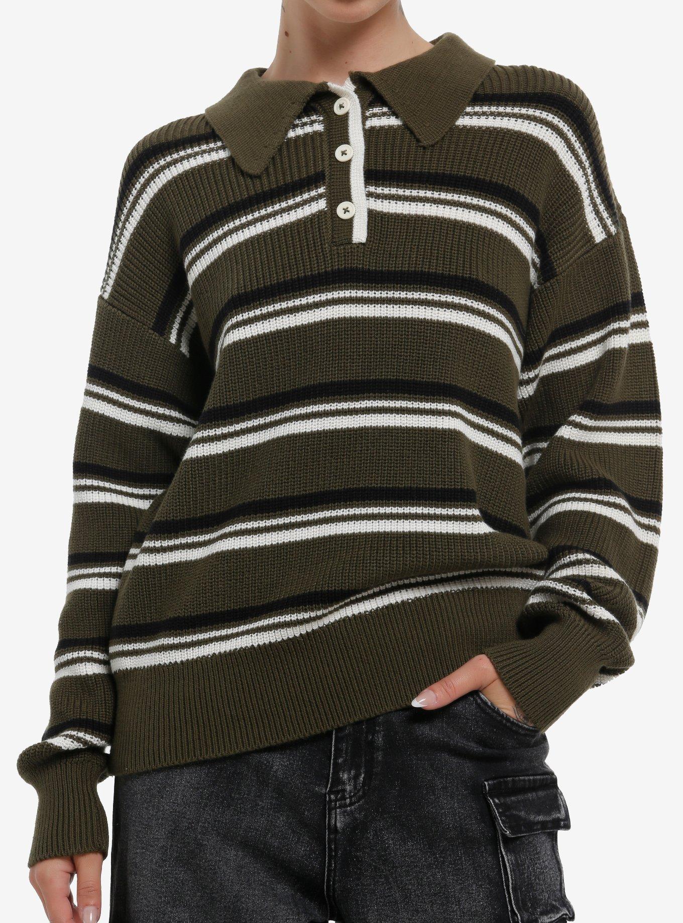 Dark Green Black & White Stripe Girls Rugby Sweater, , hi-res