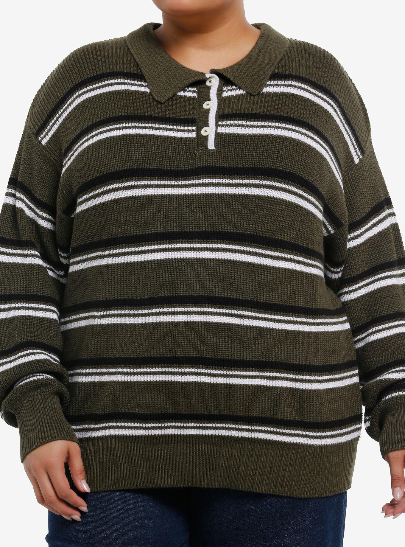 Dark Green Black & White Stripe Girls Rugby Sweater Plus Size, , hi-res