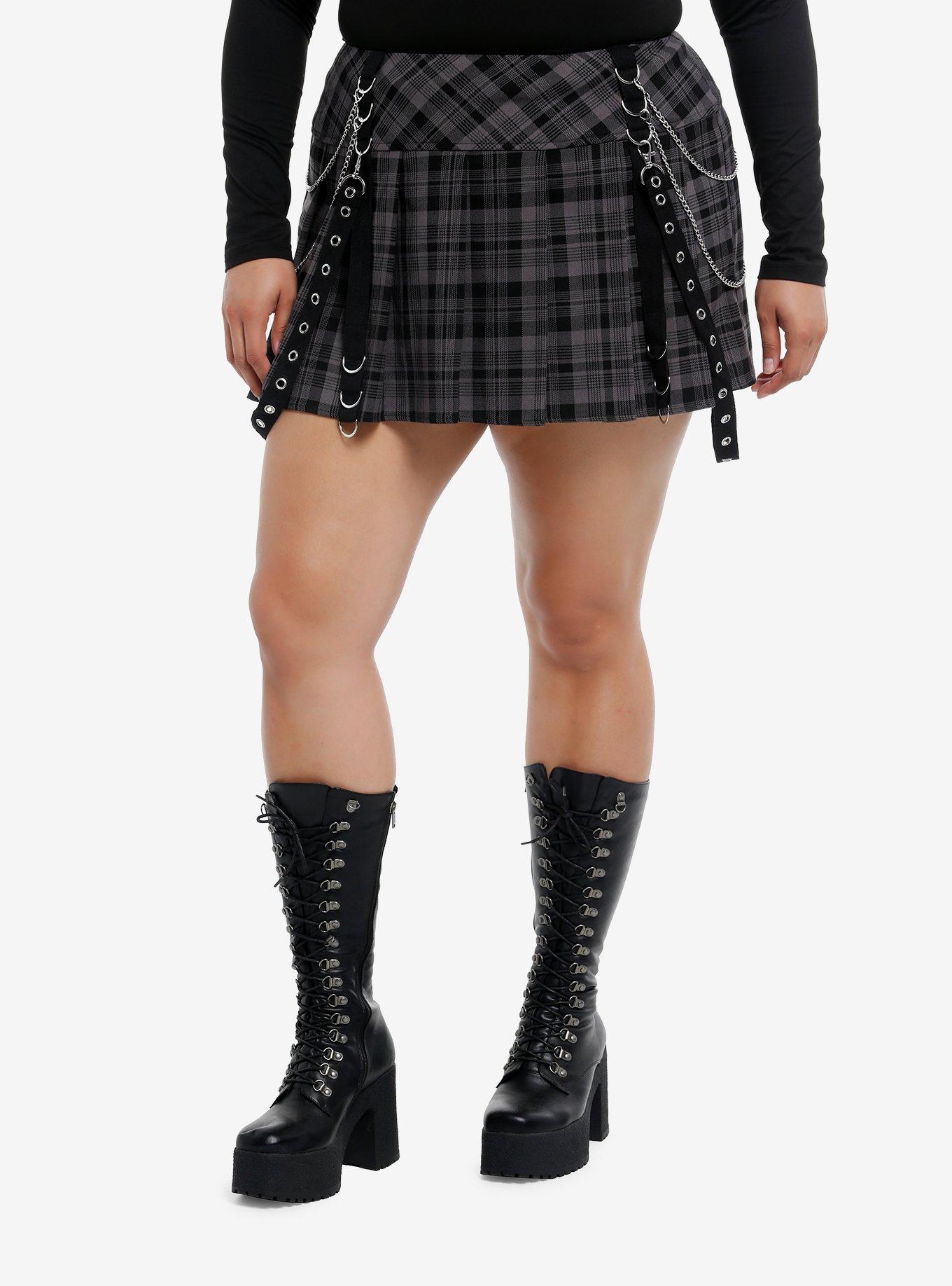 Social Collision Grey & Black Plaid Grommet Suspender Pleated Mini Skirt Plus Size, , hi-res